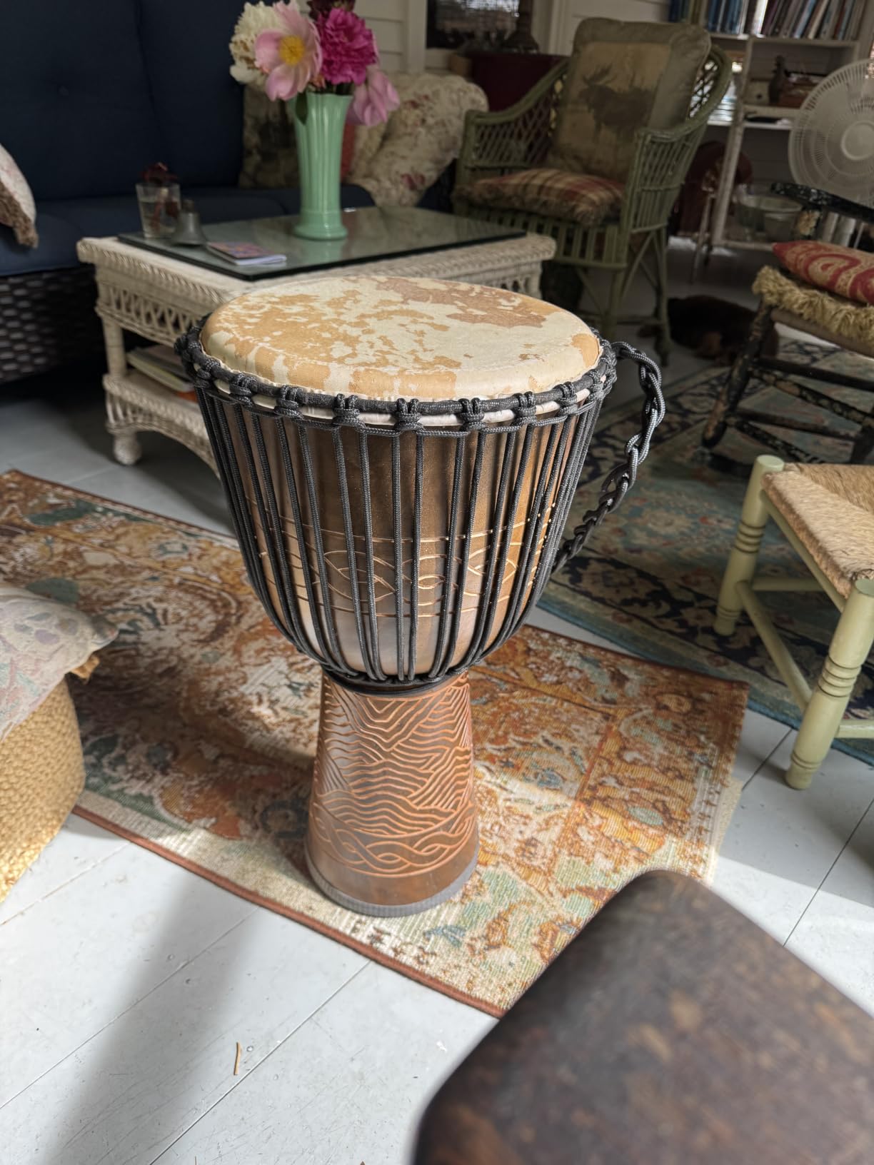 Terre Percussion Djembe Standard Line Carve Handmade Drum Circle Instrument, Carved Mahogany with Natural Goat Skin, 20
