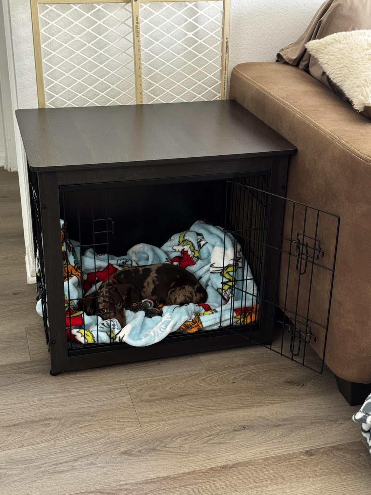 DWANTON Dog Crate Furniture with Cushion, Wooden Kennel Table with Double Doors, Indoor Dog House, Large Size, 38.5