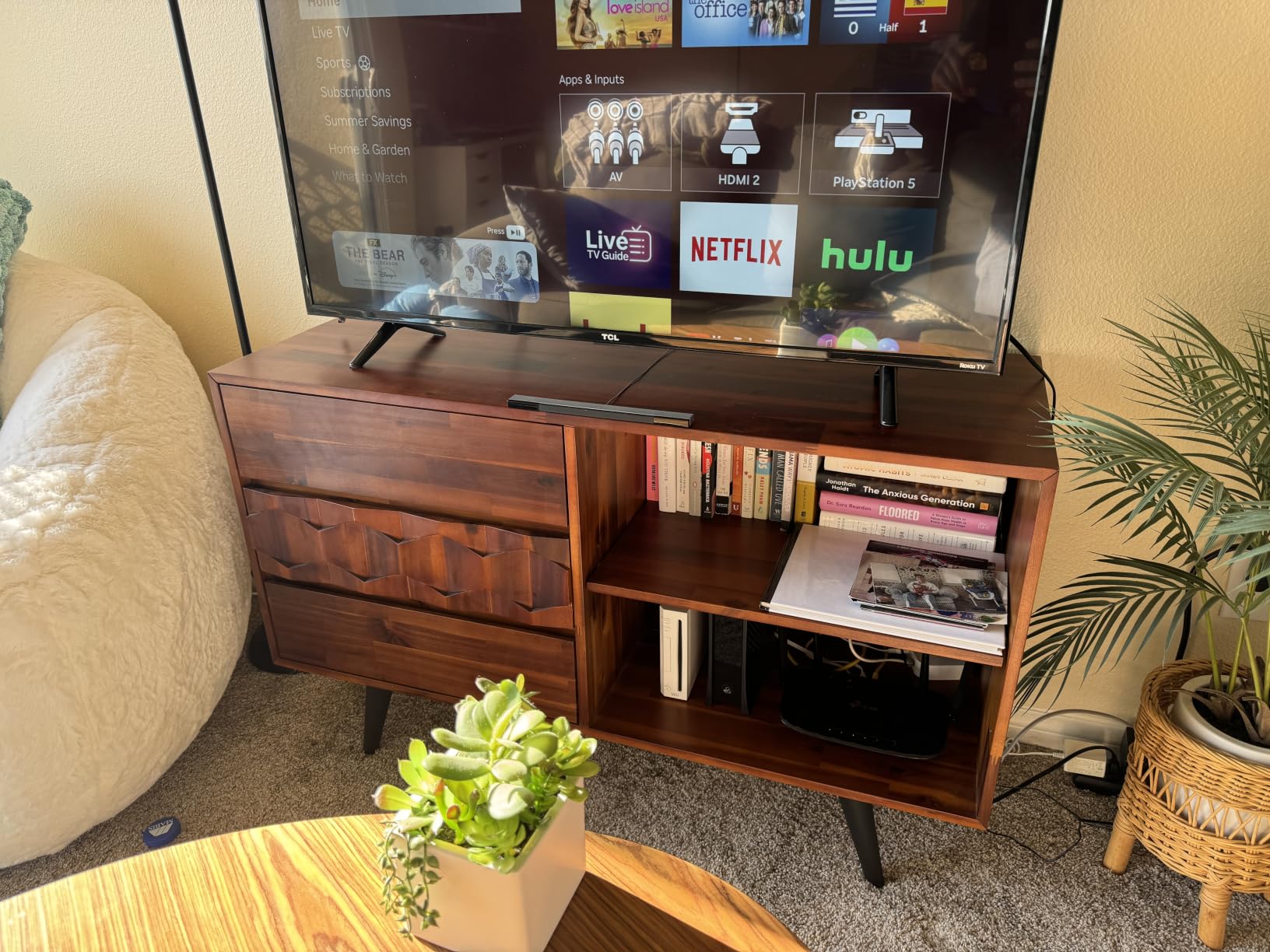 Bme Georgina Solid Wood, 10 Minutes Assembly Entertainment Center with Storage Geometric Pattern Console for Living, Bedroom, Dining Room, TV Stand 65 Inch, Teak Brown customer photo 1