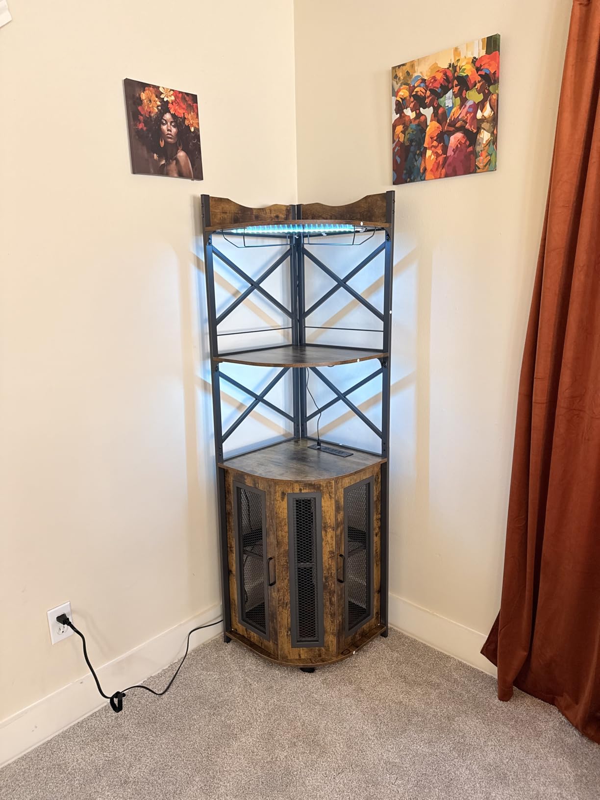 Aheaplus Corner Bar Cabinet with Power Outlet, Industrial Wine Cabinet with LED Strip and Glass Holder, 5-Tiers Liquor Cabinets Bar Unit for Home, Corner Display Cabinets for Small Space, Black customer photo 1