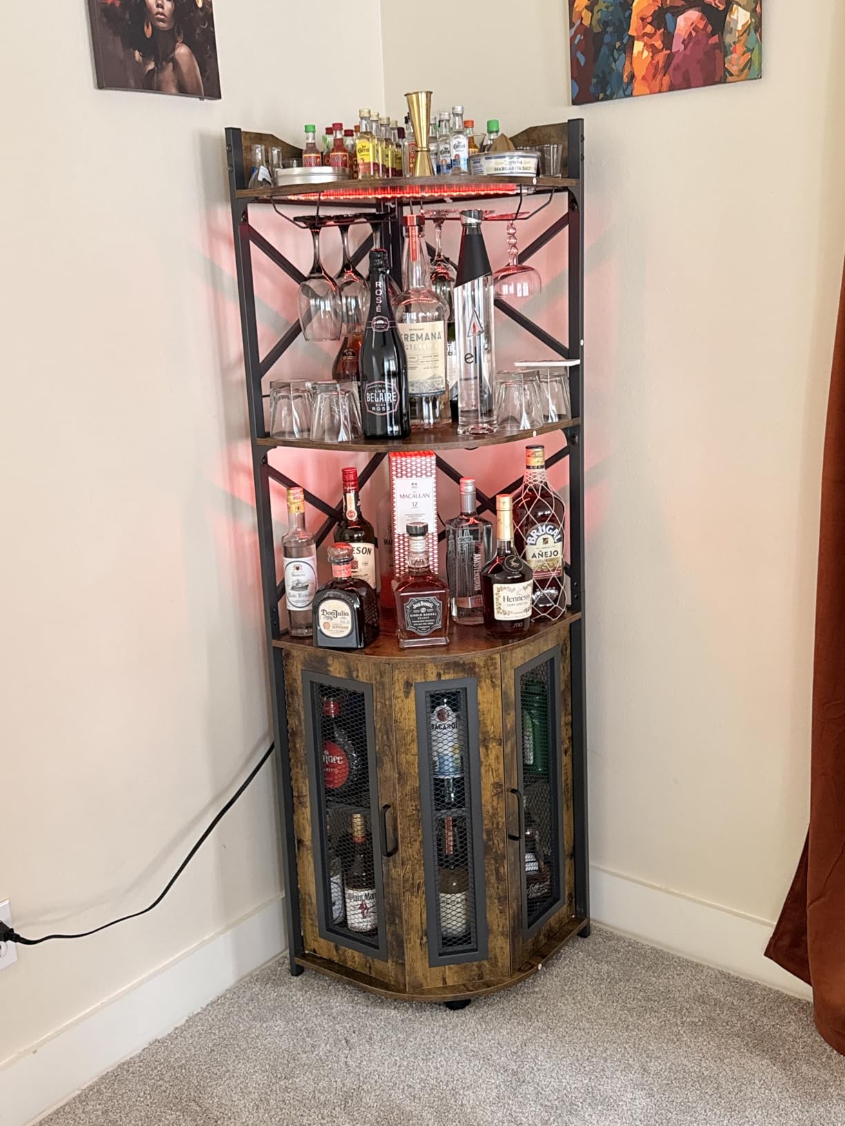 Aheaplus Corner Bar Cabinet with Power Outlet, Industrial Wine Cabinet with LED Strip and Glass Holder, 5-Tiers Liquor Cabinets Bar Unit for Home, Corner Display Cabinets for Small Space, Black customer photo 2