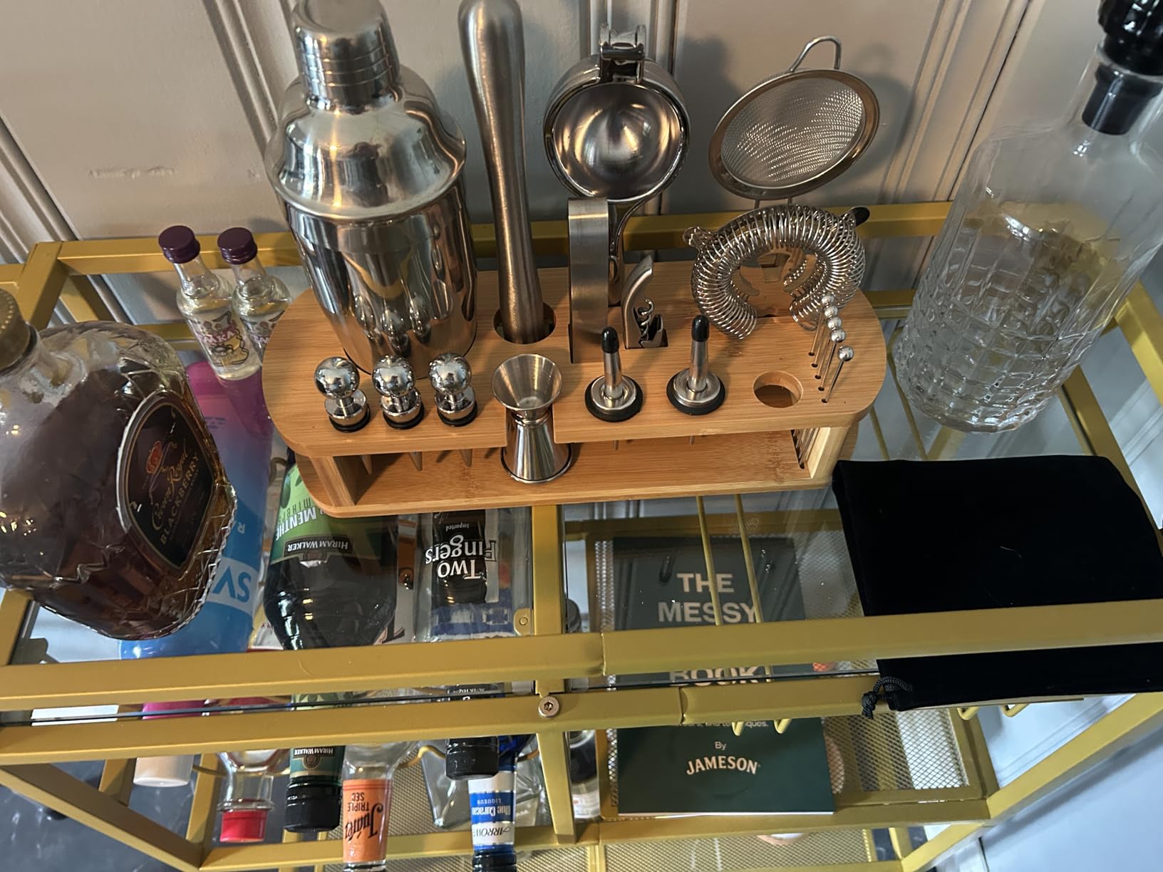 MAHANCRIS Bar Cart for Home, 3-Tier Serving Cart with Wheels and Handle, Beverage Cart with Wine Rack and Glass Holders, Rolling Wine Cart for Kitchen, Dining Room, Gold customer photo 1