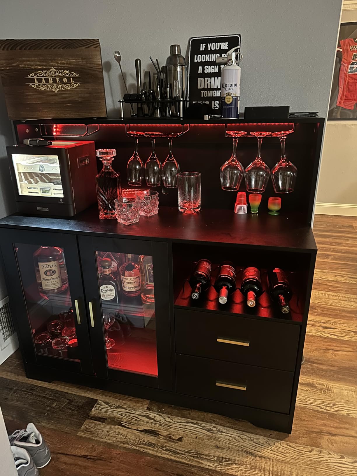 Bar Cabinet for Home with LED Light, Coffee Bar Cabinet with Wine & Glass Rack, Wine Cabinets with Drawers & Microwave Stand, Modern Liquor Cabinets for Kitchen, Living Room, Dining Room (Black) customer photo 2