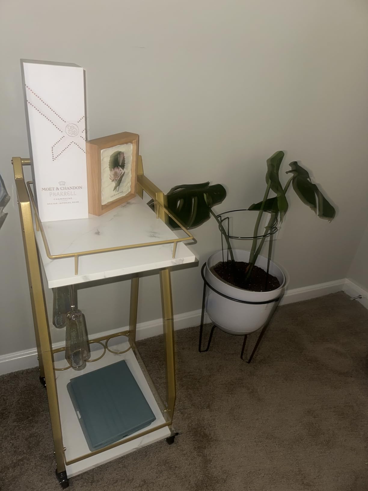 HOOBRO Bar Cart Gold, Home Bar Serving Cart, Kitchen Cart, Rolling Beverage Cart & Wine Rack and Glass Holder, 2 Storage Shelves, Cocktail Cart for Home Dining Party, White and Gold customer photo 2