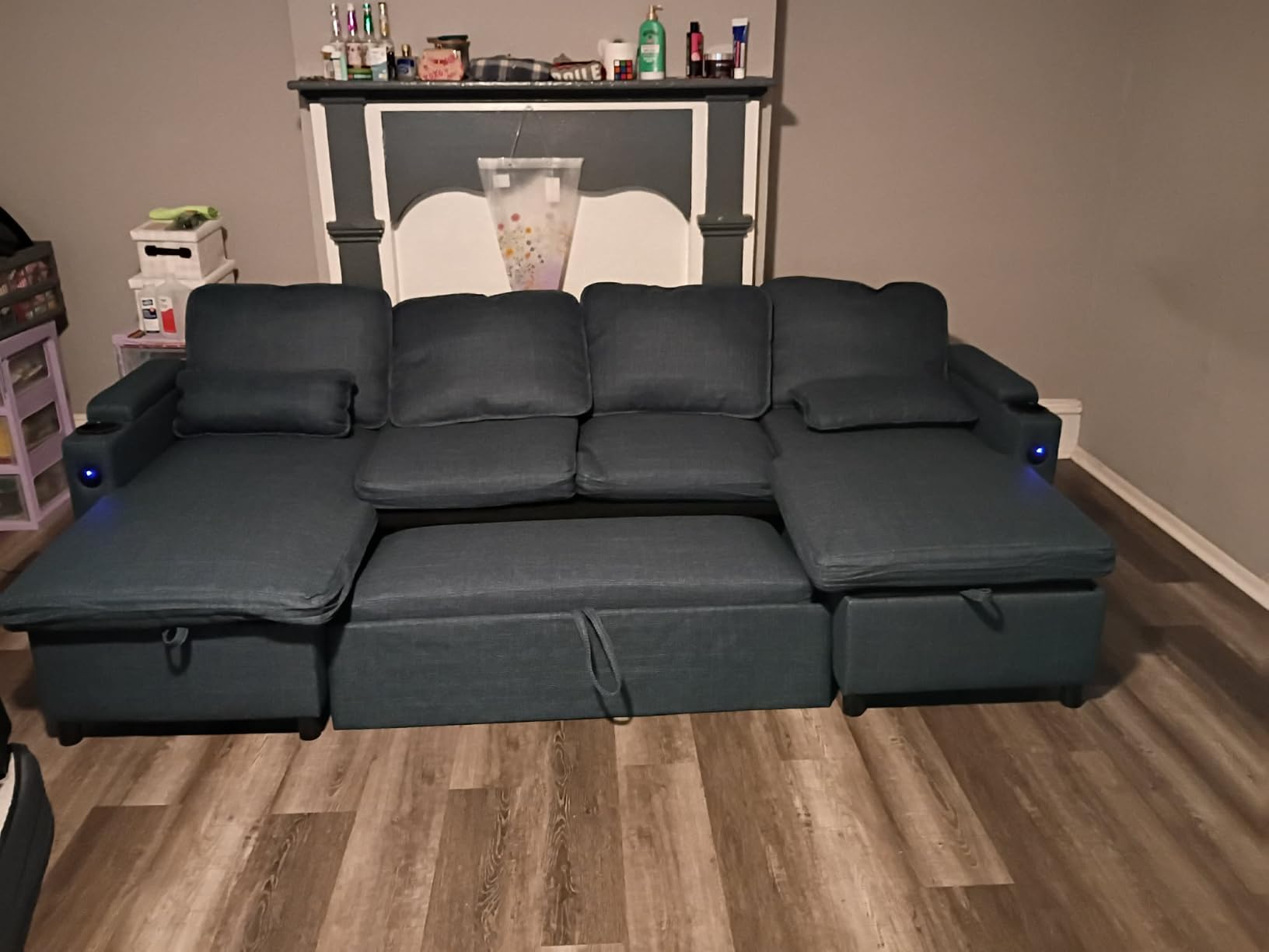 DURASPACE Sofa Bed Sleeper Pull Out 2 in 1 Sectional Sleeper Sofa Couches with Storage,USB, Cup Holder,Pullout Sectional Couches for Apartment Living Room (Dark Gray) customer photo 1