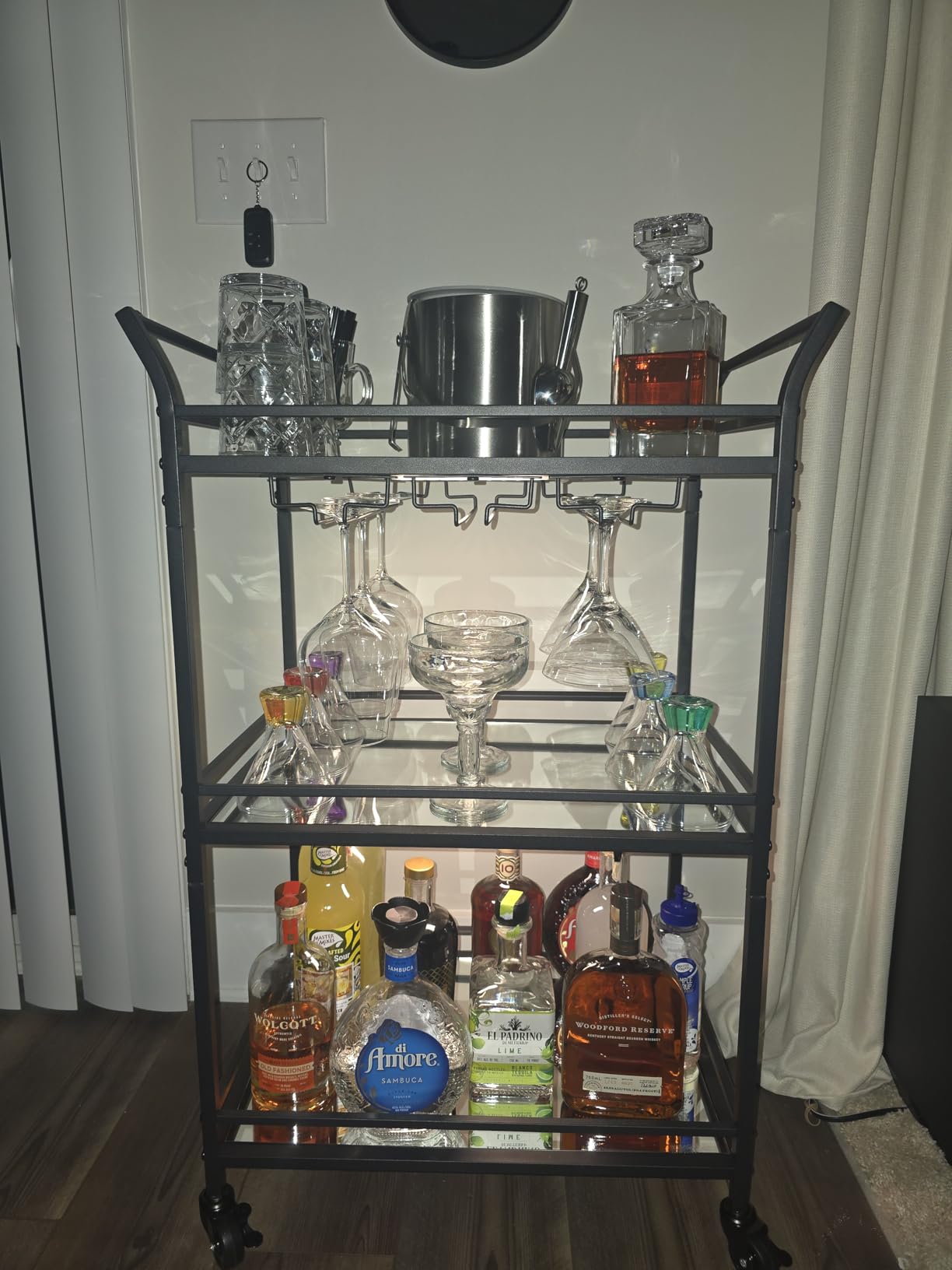 VASAGLE Bar Cart Gold, Small Home Bar Serving Cart with 3-Tier Mirrored Shelf, Wine Holders, Glass Holders, for Small Spaces, Kitchen, 15 x 23.6 x 36.2 Inches, Gold customer photo 1