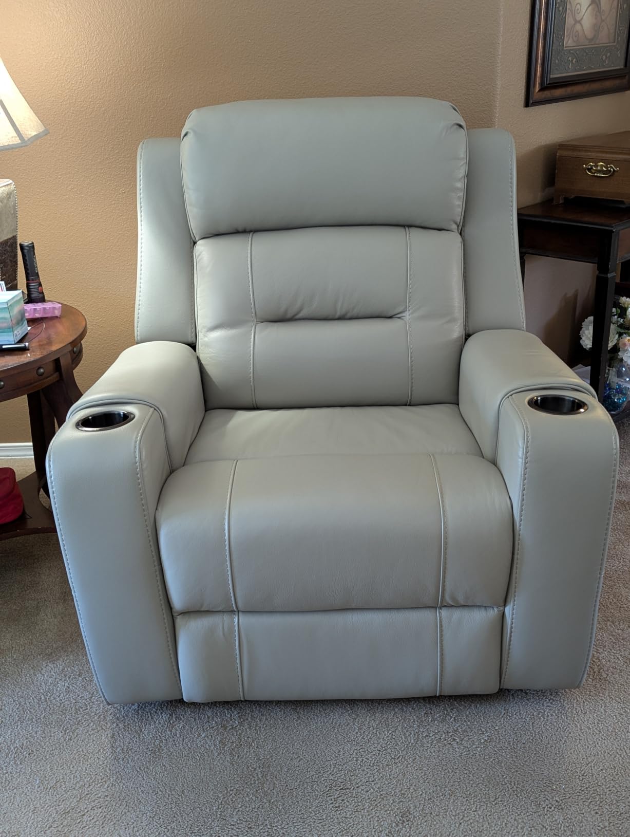 Watson & Whitely Oversized Genuine Leather Power Recliner Chairs for Big and Tall, Extra Wide Lay Flat Recliner with Power Headrest & Cup Holders, Electric Reclining Sofa for Living Room, Navy Blue customer photo 2