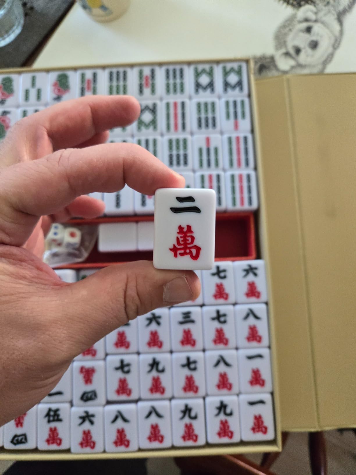 Yellow Mountain Imports YMI Rouge Heritage Chinese Mahjong Set, 146 Tiles | 146 engraved melamine tiles with green bamboo stripe design, red vinyl case, dice, wind indicator, 9.4 lbs. Chinese only. customer photo 1