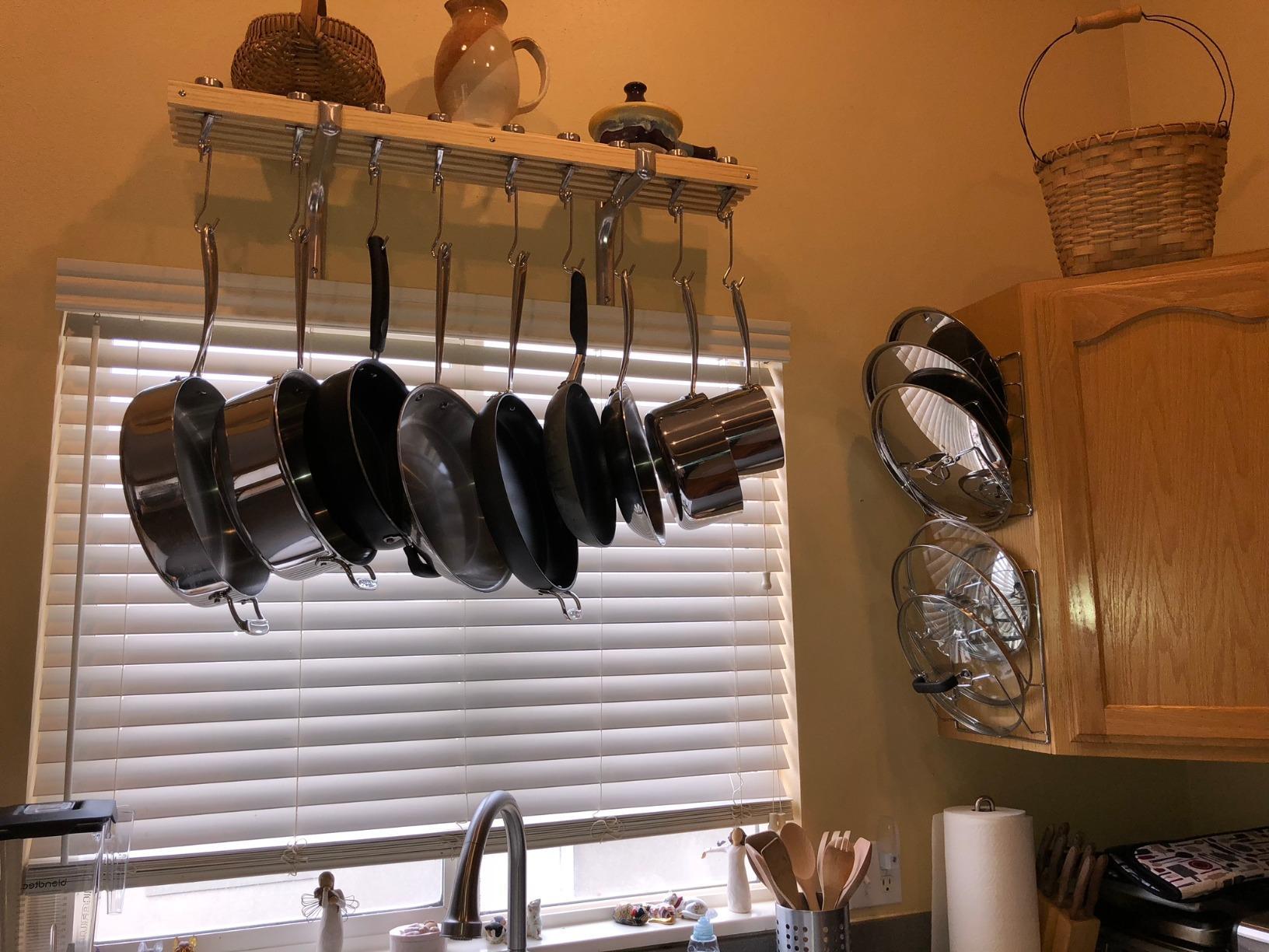 Cooks Standard Classic Ceiling Wood Pot Rack, 24x18 Inch Heavy Duty Hanging Cookware Organizer with Metal Grate & Solid Cast Aluminum Hooks, Movable Tracks Design customer photo 2