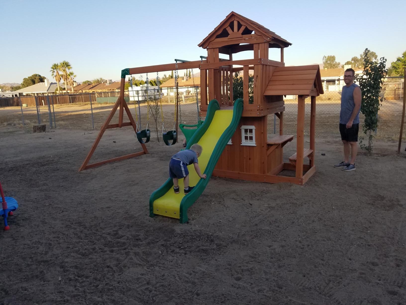 Backyard Discovery Tanglewood Cedar Wood Swing Set with Wave Slide, Clubhouse, Playhouse, Covered Snack Bar Window, Bench, Rock Wall Ladder, Belt Swings, Trapeze, Porch, Step Ladder, Outdoor Playset customer photo 1