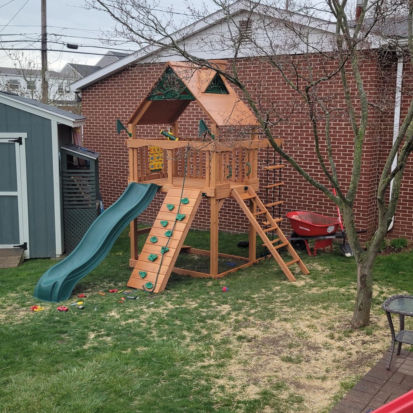01-0061-AP Chateau Tower Wooden Play Tower with Wood Roof, Slide, and Climbing Wall, Brown customer photo 2