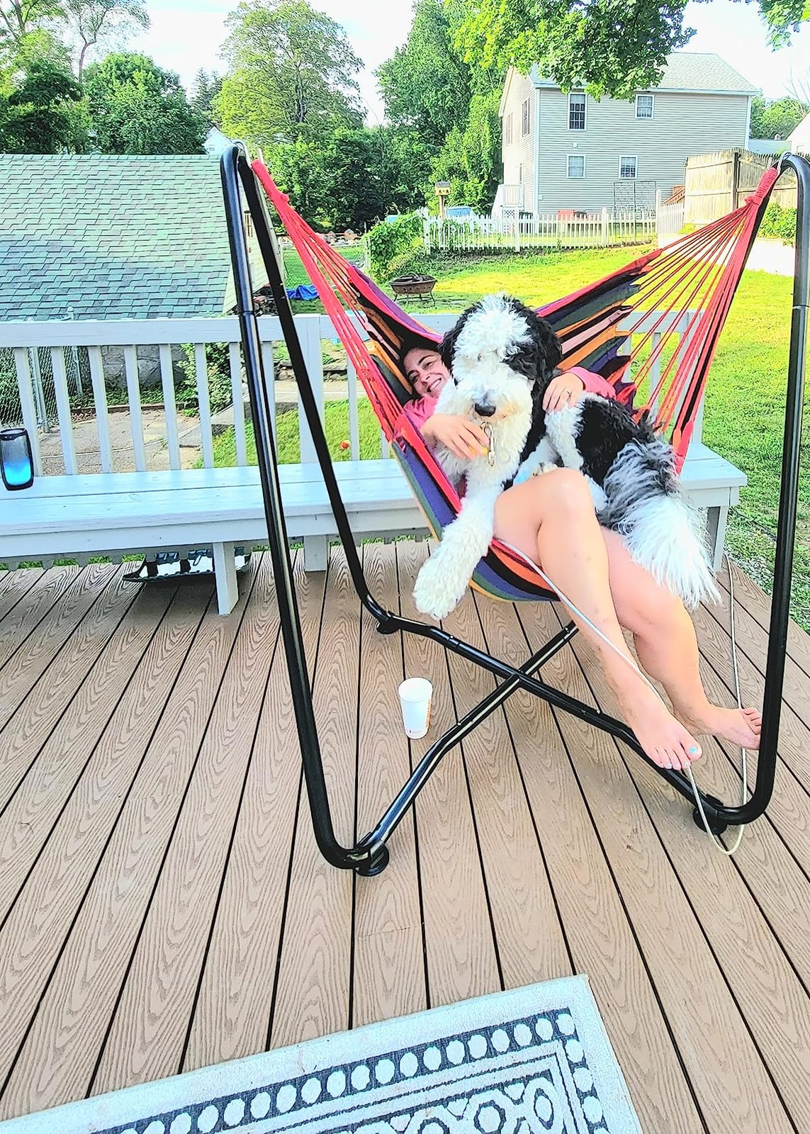 Sunnydaze Hanging Hammock Chair with Stand, Beach Oasis | Space-Saving, Indoor or Outdoor Use, 330-Pound Capacity, Powder-Coated Steel Construction customer photo 1