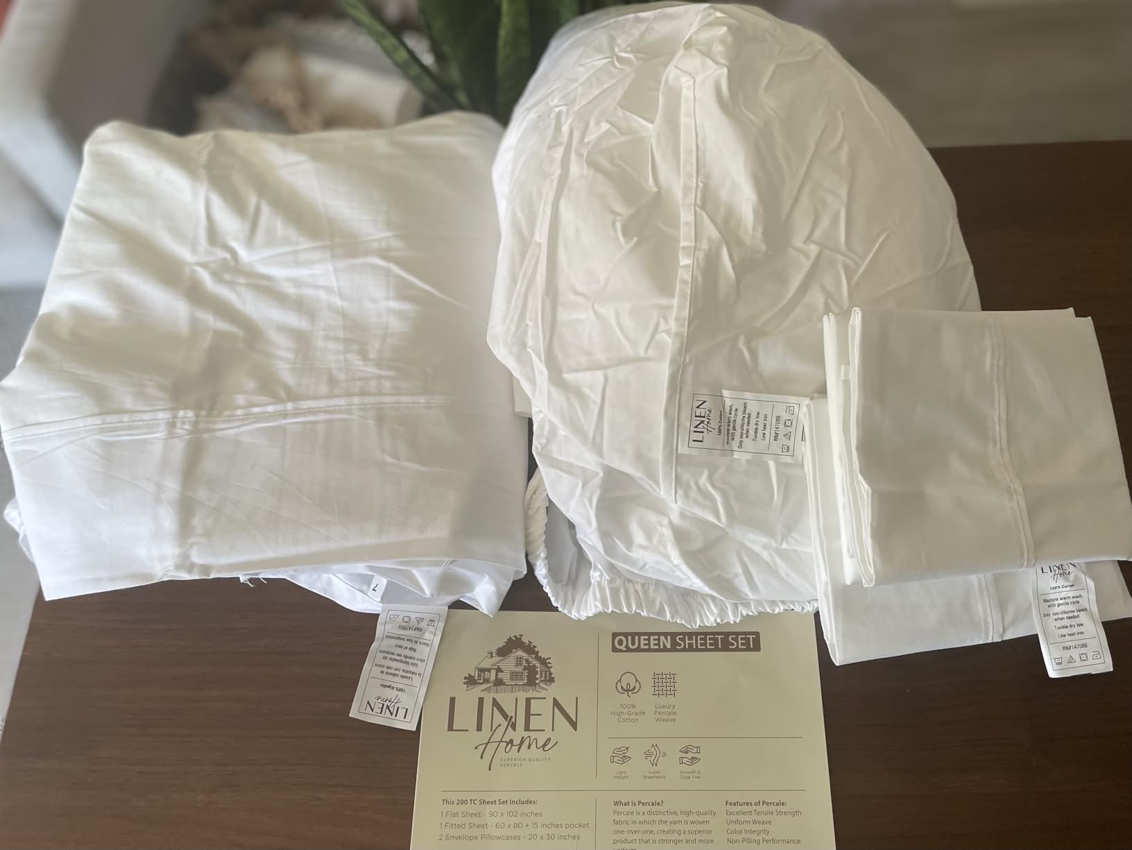 Linen Home 100% Cotton Percale Sheets King, 4 Pc Cooling Set - White customer photo 1