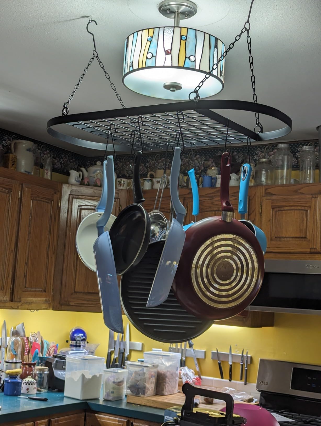 Sorbus Hanging Pot Rack, Ceiling-Mount Kitchen Organizer (Black) | Decorative oval fixture with hooks arranges cookware, utensils and books for practical overhead use in homes or restaurants. customer photo 1