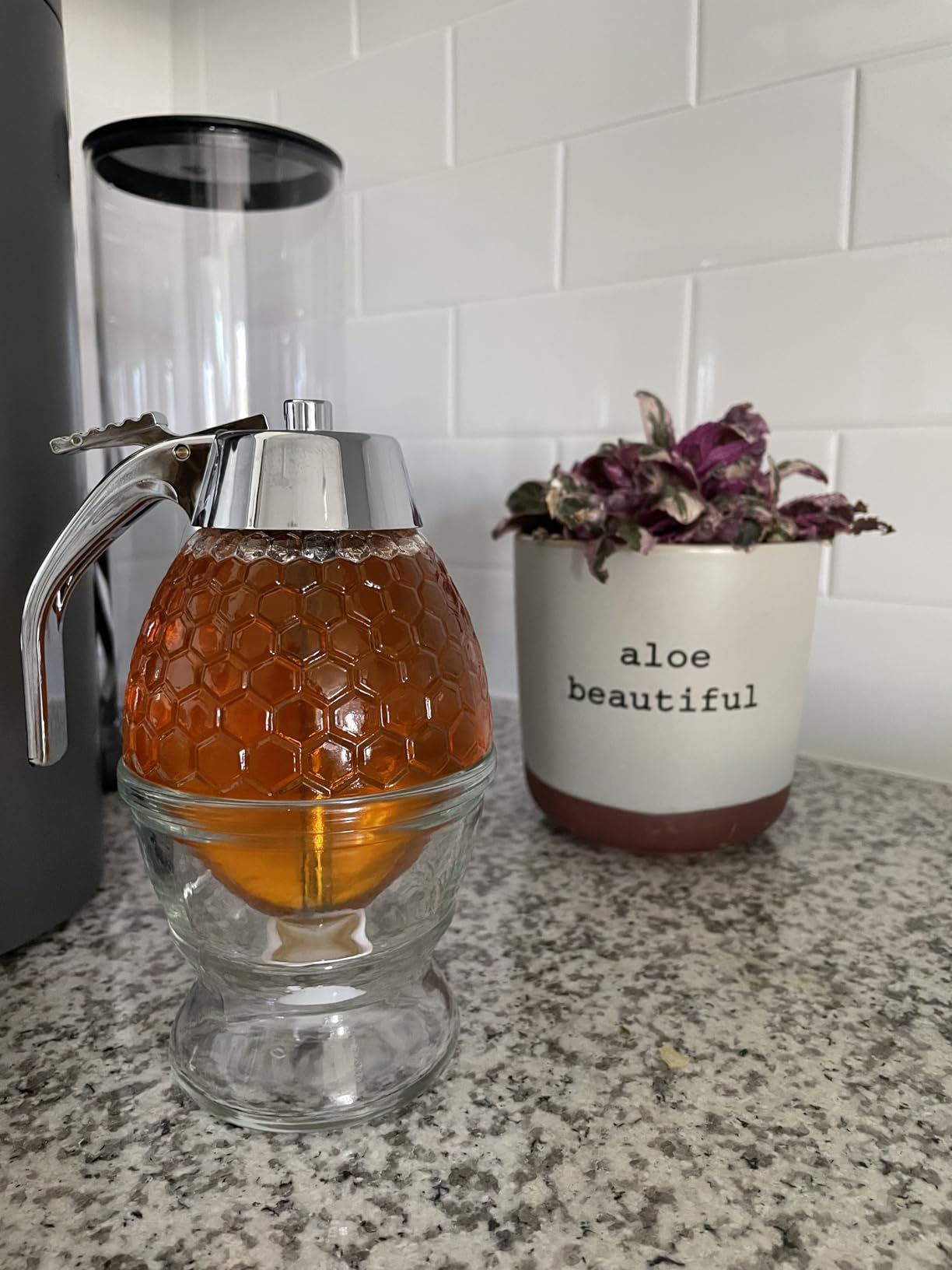 Hunnibi 8oz No Drip Glass Honey Dispenser with Plastic Top - Honeycomb-Style Syrup Server and Bee-Themed Storage Jar with Stand - 6