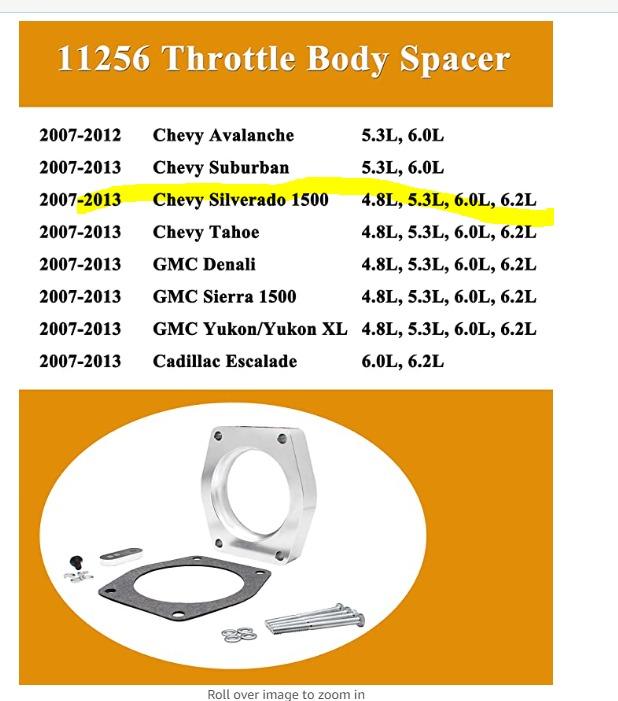 11256 Throttle Body Spacer Compatible with GM Truck 4.8L, 5.3L, 6.2L 2007-2012 Replacement for Spectre Performance customer photo 1