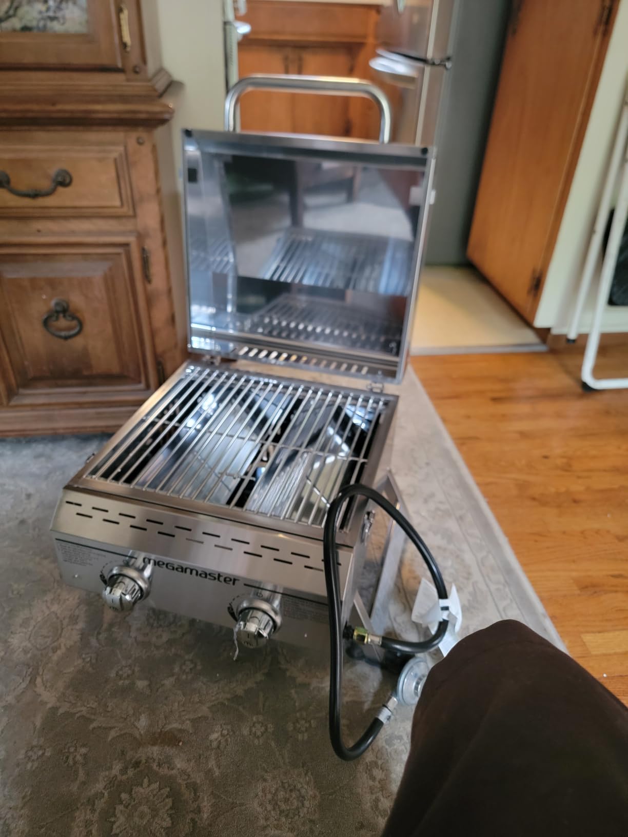 Megamaster Tabletop 2 Burner Gas Grill, Stainless Steel with Foldable Legs | Offers 16000 BTU, Built-In Thermometer, 199 Sq In Cooking Space, Use with Standard 20 lb tank, For Camping & Tailgating customer photo 2