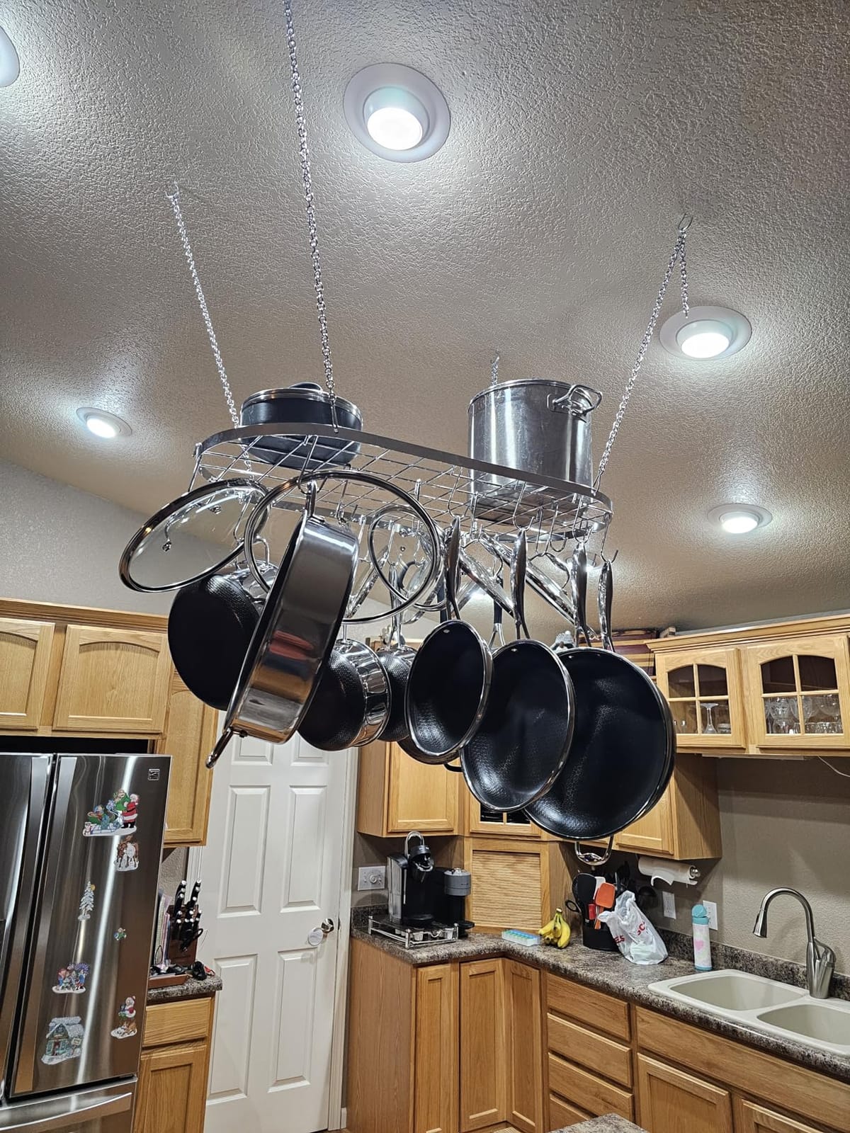 Vdomus Hanging Pot Rack - Ceiling Mount Kitchen Organizer for Pots and Pans with 15 Hooks - 33 x 17 Inches Heavy-Duty, Durable and Space-Saving Pan Holder - Silver customer photo 2