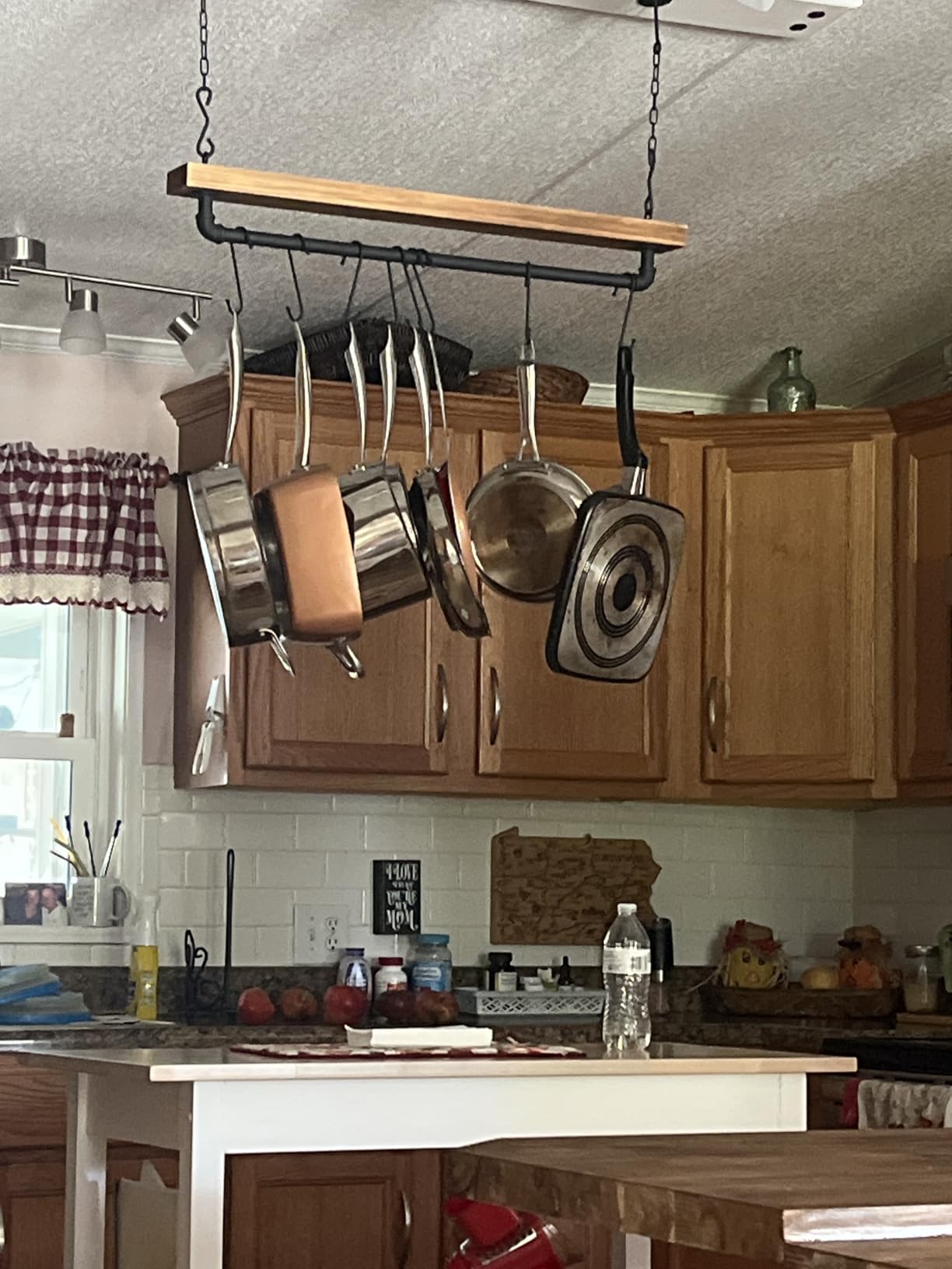MyGift 30 Inch Ceiling or Wall Mounted Pot Rack with Rustic Brown Solid Wood Shelf and Industrial Matte Black Metal Pipe, Hanging Cookware Utensils Organizer with 8 S-Hooks customer photo 1