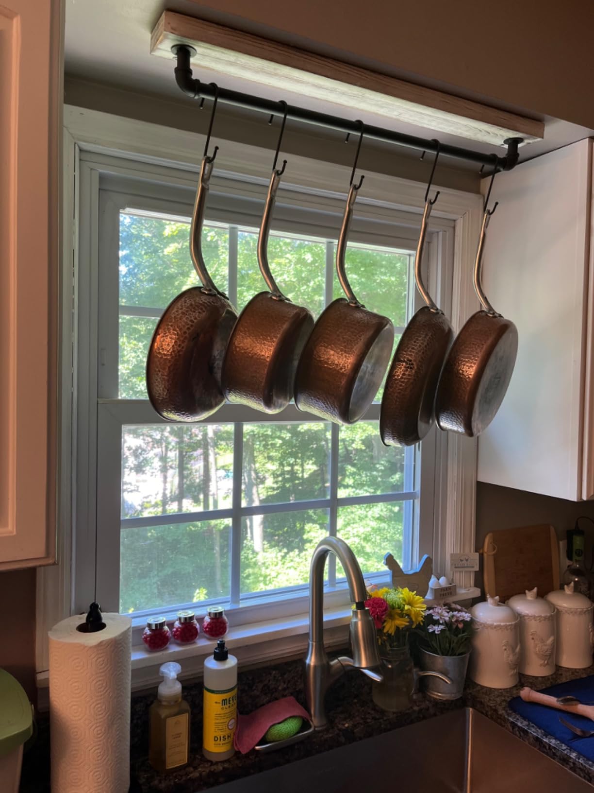 MyGift 30 Inch Ceiling or Wall Mounted Pot Rack with Rustic Brown Solid Wood Shelf and Industrial Matte Black Metal Pipe, Hanging Cookware Utensils Organizer with 8 S-Hooks customer photo 2
