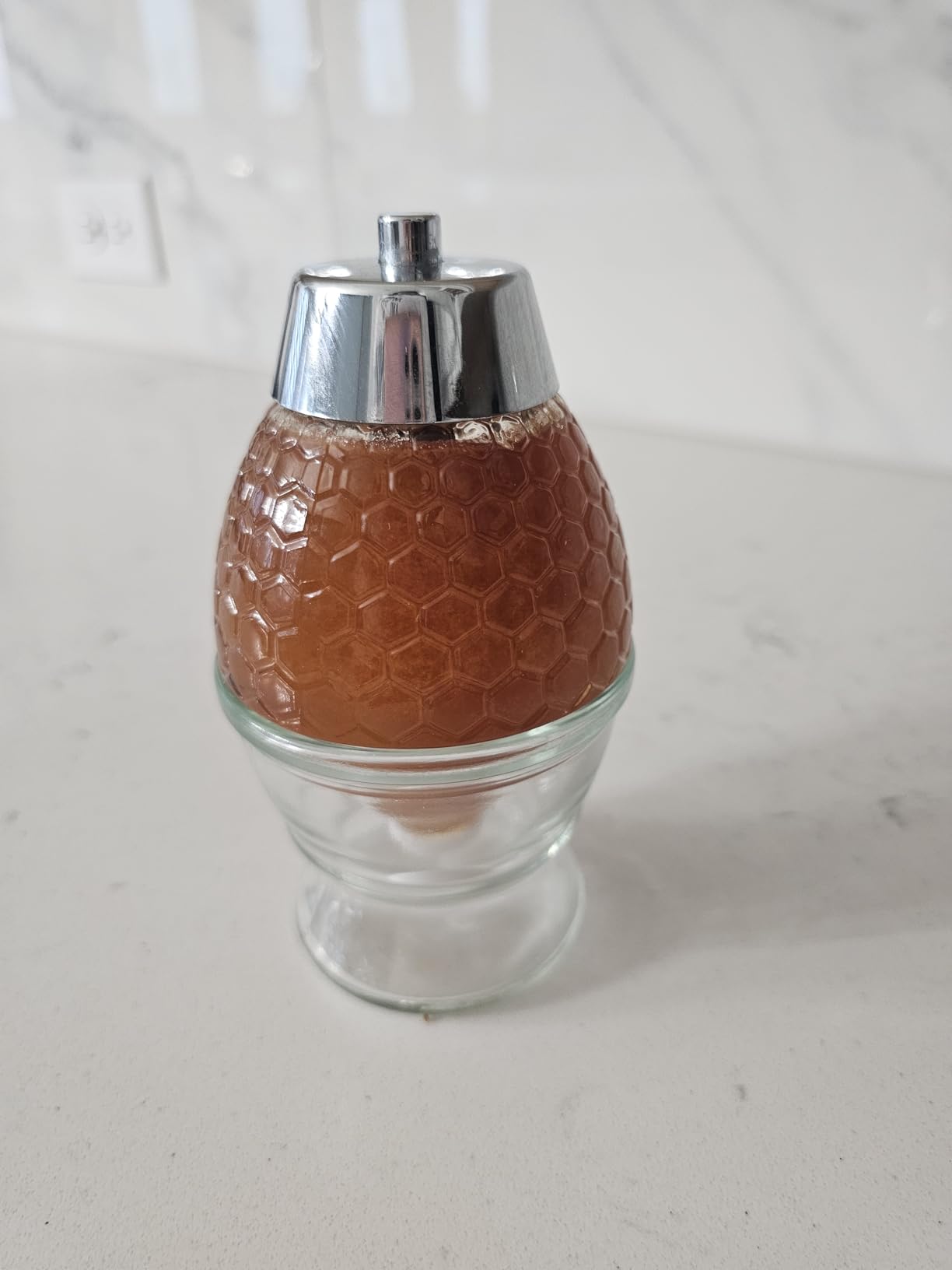 CLEVLI Honey Dispenser with Stand - No Drip Glass Honey Jar & Dipper, 8oz | No-Drip Bottom Flow Design: Press the trigger, honey flows instantly - no more waiting, dripping, or mess on your counter customer photo 2
