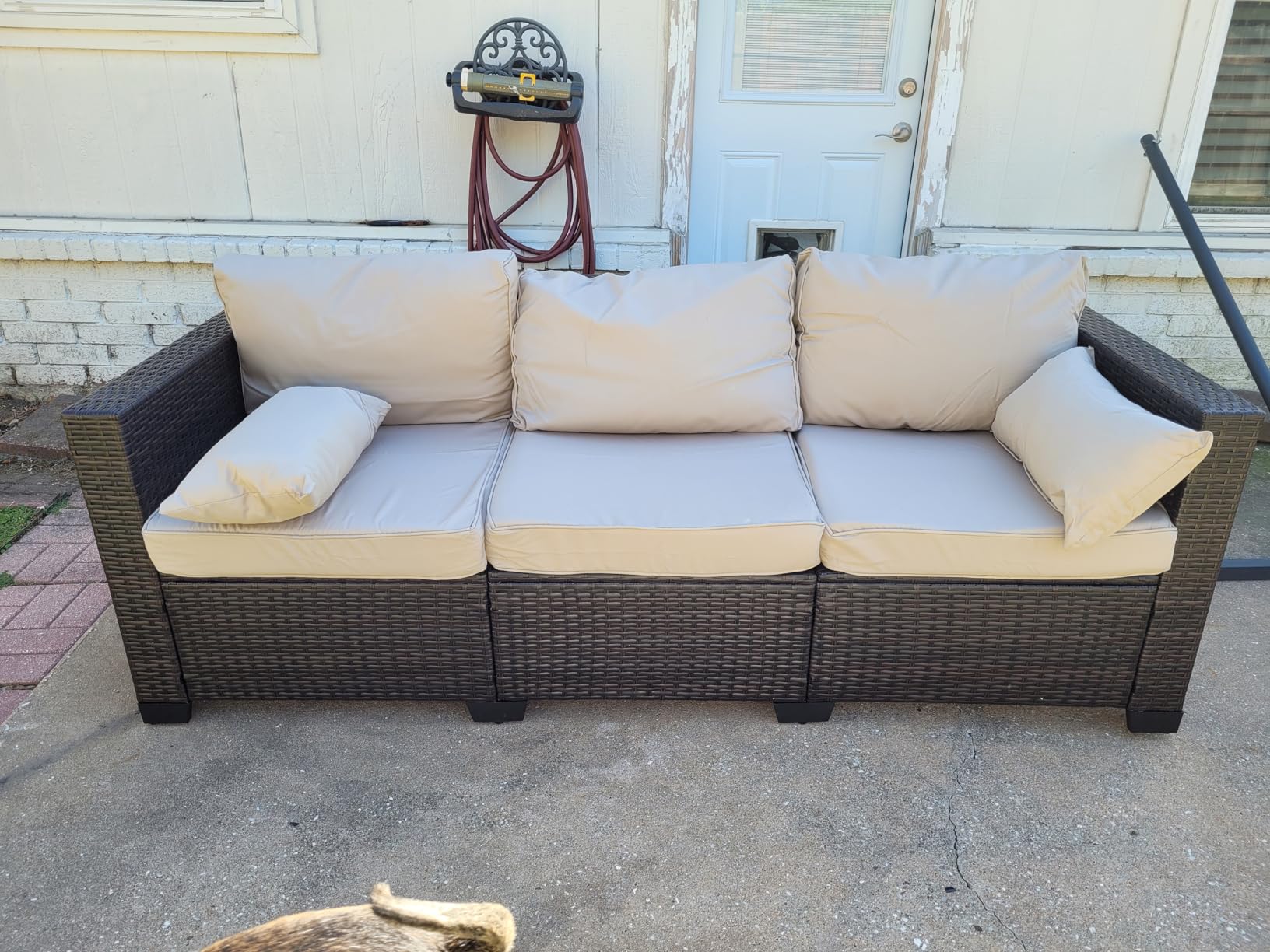 WAROOM Patio Couch PE Rattan 3-Seat Outdoor Sofa Brown Wicker Furniture Set Deep Seating with Anti-Slip Beige Cushion customer photo 2