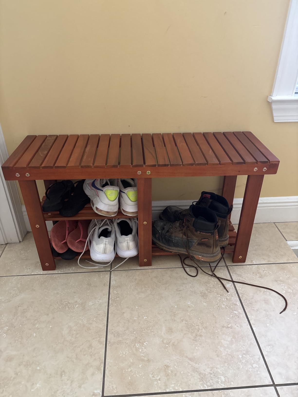 Tangkula 3-Tier Shoes Rack Bench, Entryway Storage Bench Shoes Organizer with Seat, Shoe Shelf for Boots, Acacia Wood Bench for Hallway, Bathroom, Living Room, Corridor Garden customer photo 1