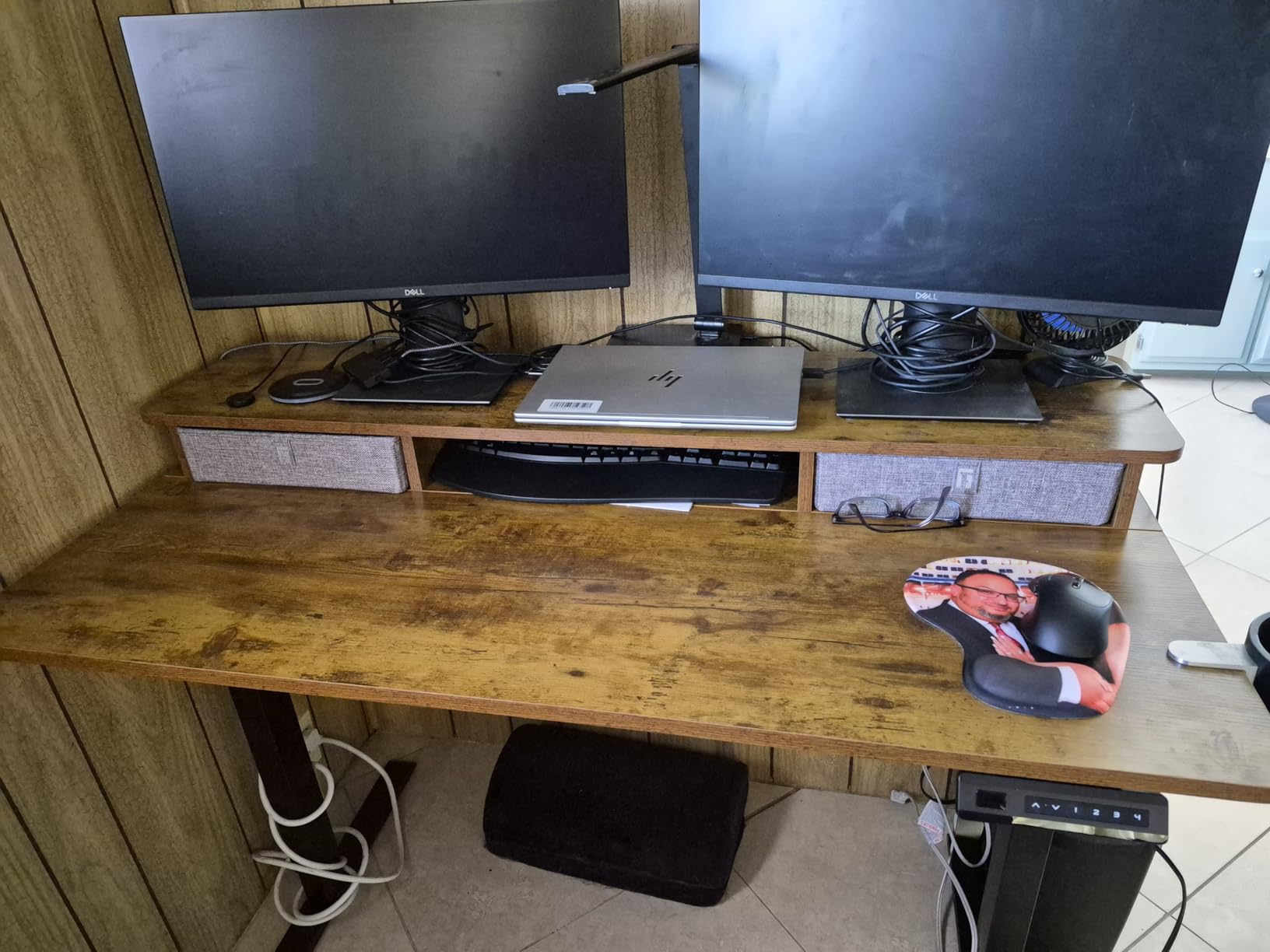 FEZIBO 48 x 24 Inch Height Adjustable Electric Standing Desk with Double Drawer, Stand Up Table with Storage Shelf, Sit Stand Desk, Rustic Brown customer photo 1