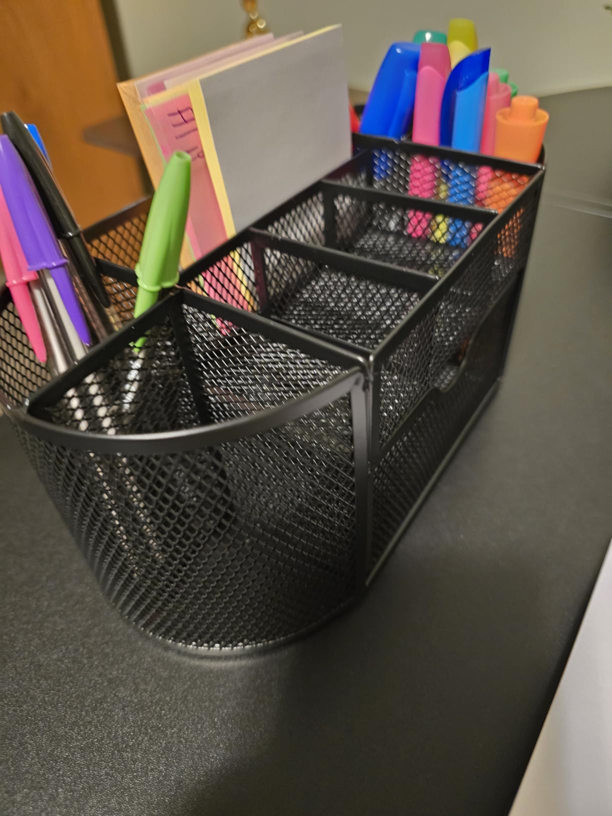 Amazon Basics Mesh Desk Organizer with Pen Holder, Pullout Drawer and Office Caddy Storage, Black customer photo 1