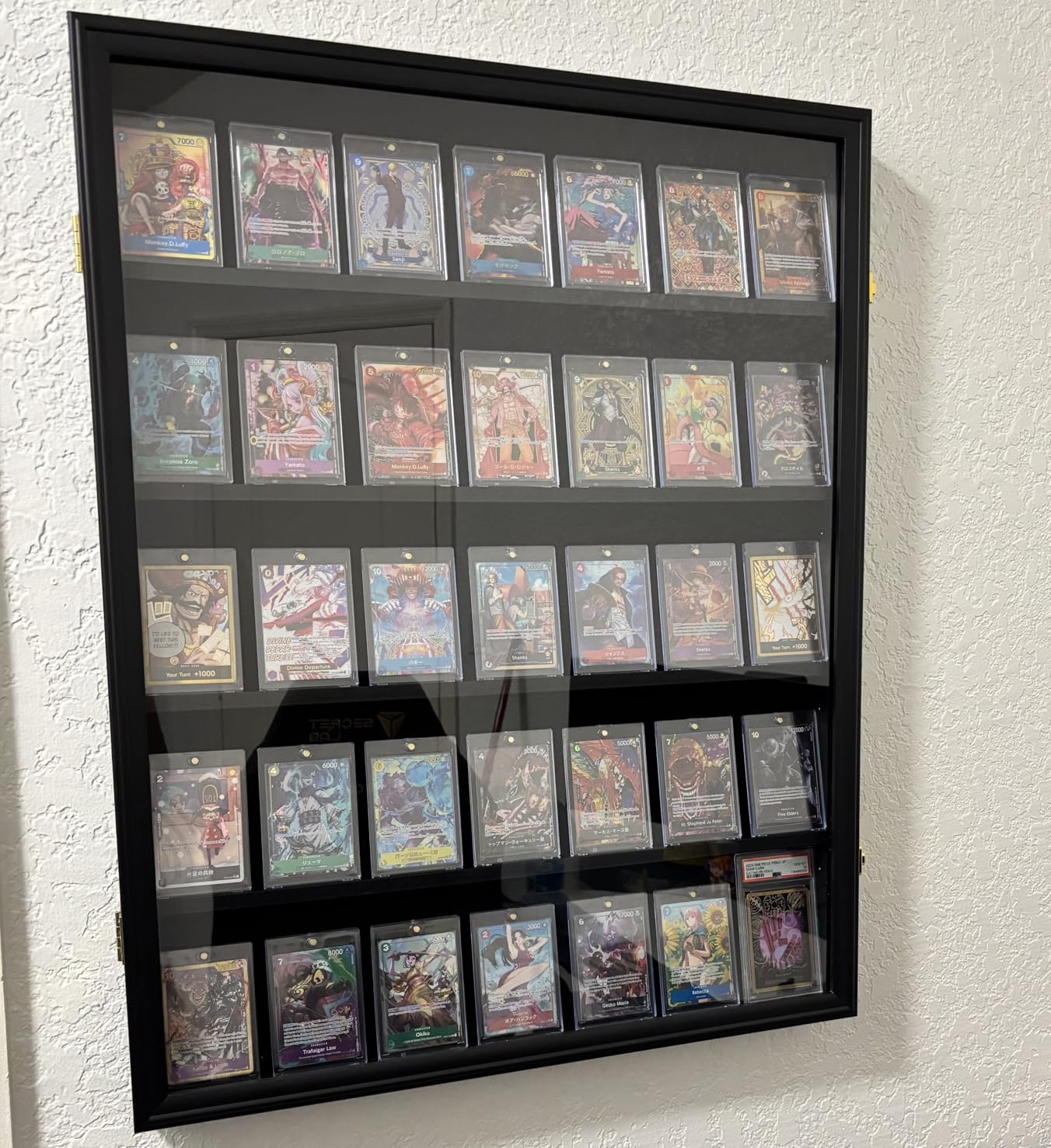 35 Graded Sports Card wall-Mounted Display case for Shows, Black | Matte black wooden frame, UV anti-yellow acrylic panel, lockable design, hockproof foam packaging, for vendor card customer photo 1