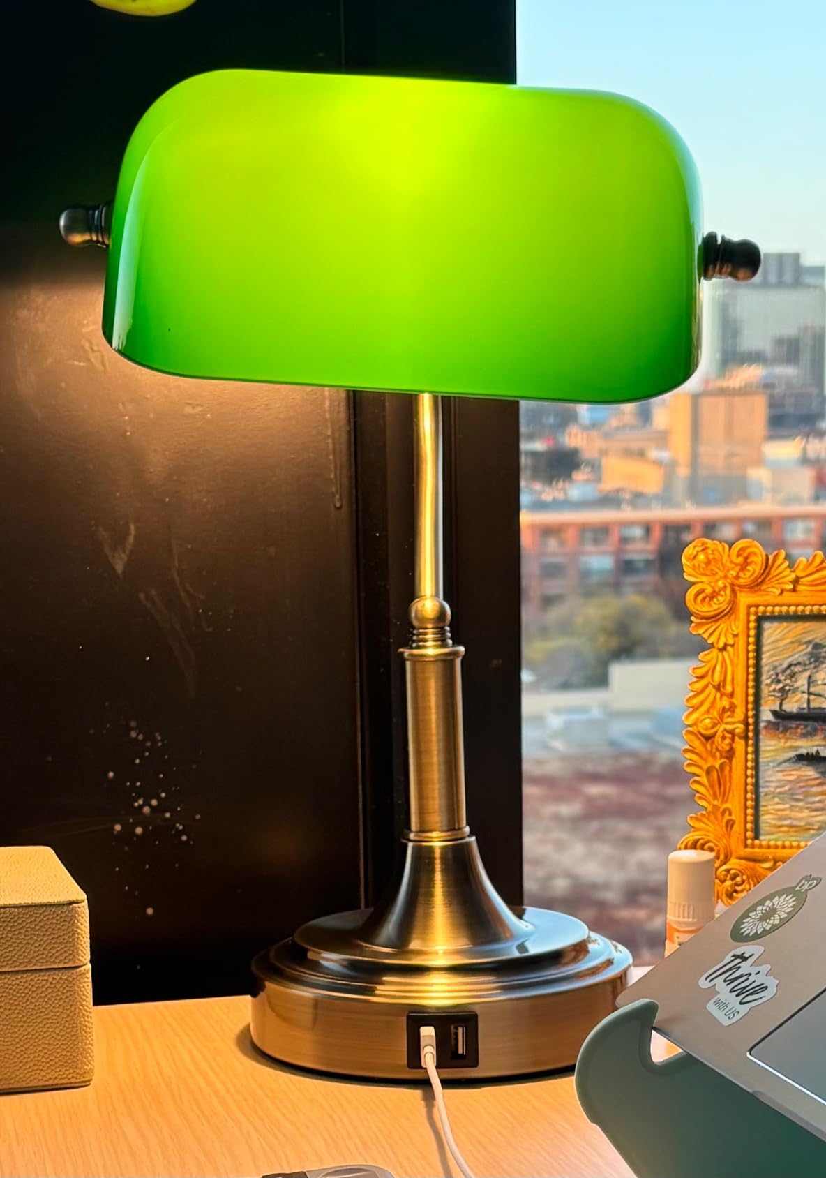 Bankers Lamp with 2 USB Ports, Touch Control Green Glass Desk Lamp with Brass Base, 3-Way Dimmable Vintage Desk Lamp for Home Office Workplace Nightstand Bedroom Library Piano, LED Bulb Included customer photo 1
