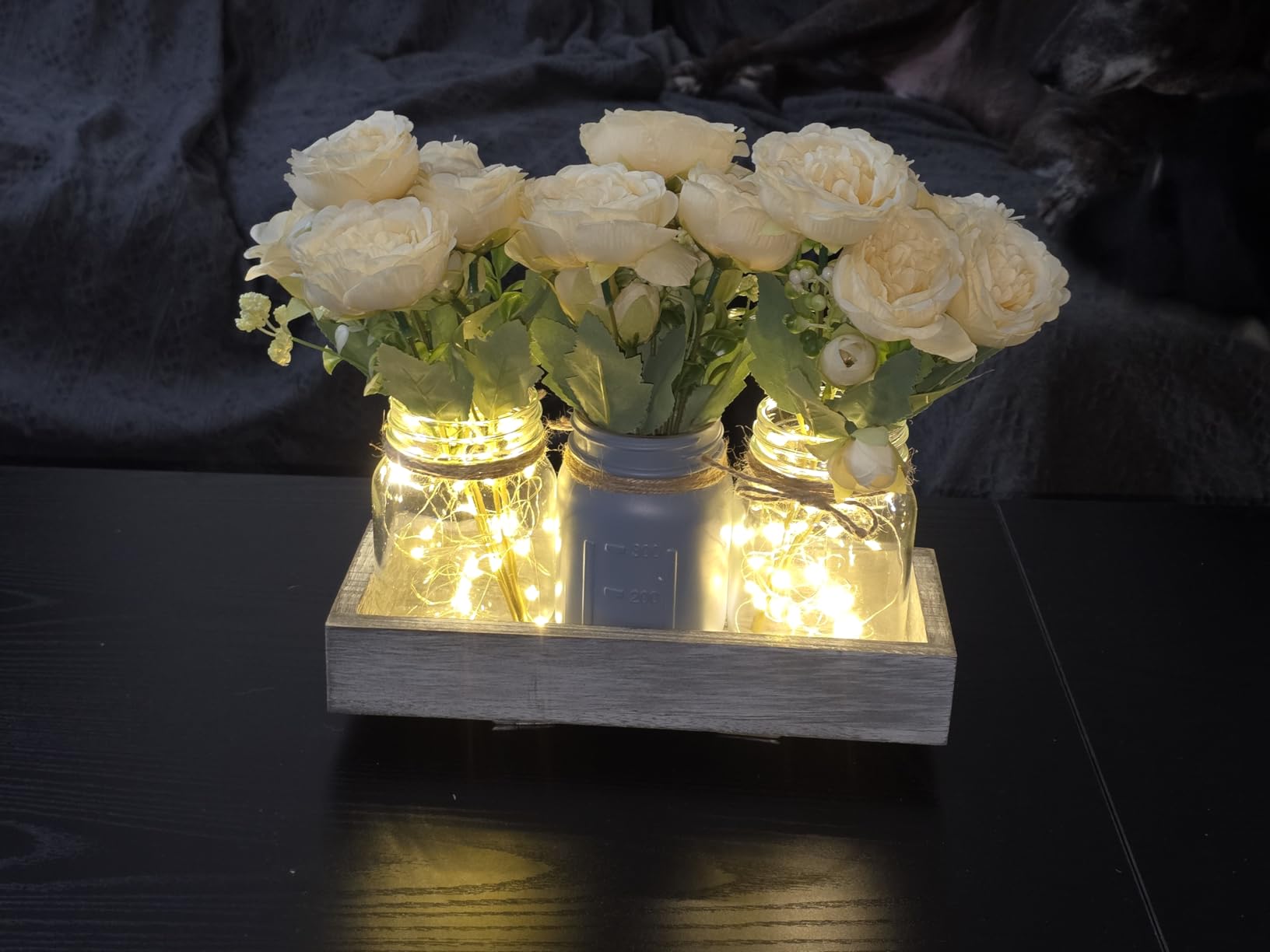 Mkono Mason Jar Lights Centerpieces for Tables Dining Room Farmhouse Decor | Wood Tray Peonies Artificial Flowers Champagne, Warm Glow, Coffee Table Decoration Kitchen Living Room Wedding Indoor Outdoor customer photo 2
