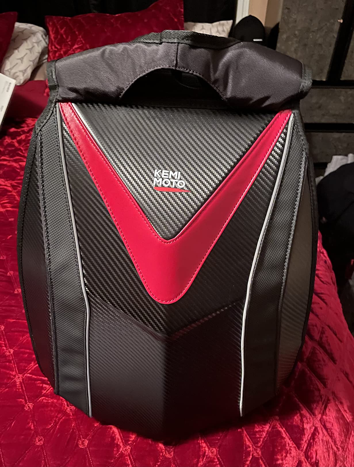 KEMIMOTO Motorcycle Backpack, Hardshell Helmet Backpack 22L Carbon Fiber Reflective Riding Bag, Waterproof Lightweight with Laptop Compartment for Men Riding Commuting Travel Riding Work customer photo 1
