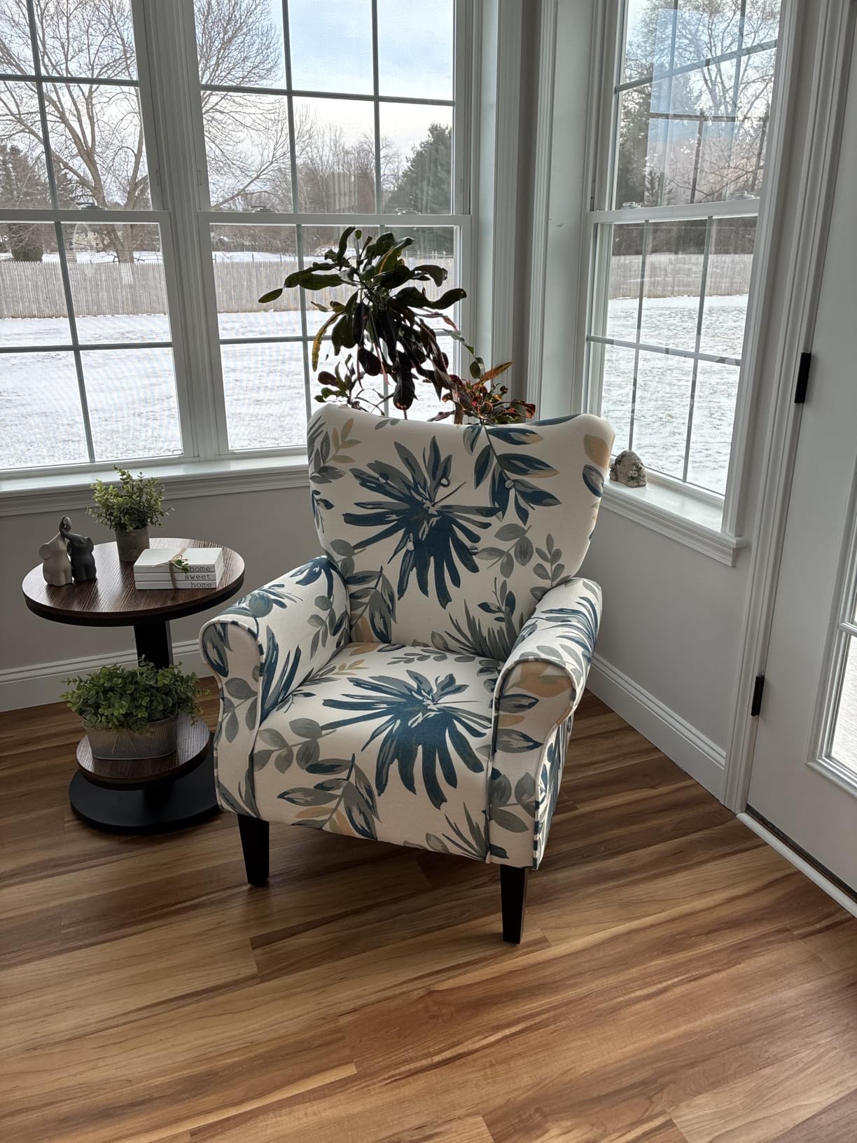 YOLENY Modern Accent Chair, High Back Armchair, Upholstered Fabric Button Single Sofa with Wooden Legs for Living Room, Bedroom, Blue Leaves customer photo 1