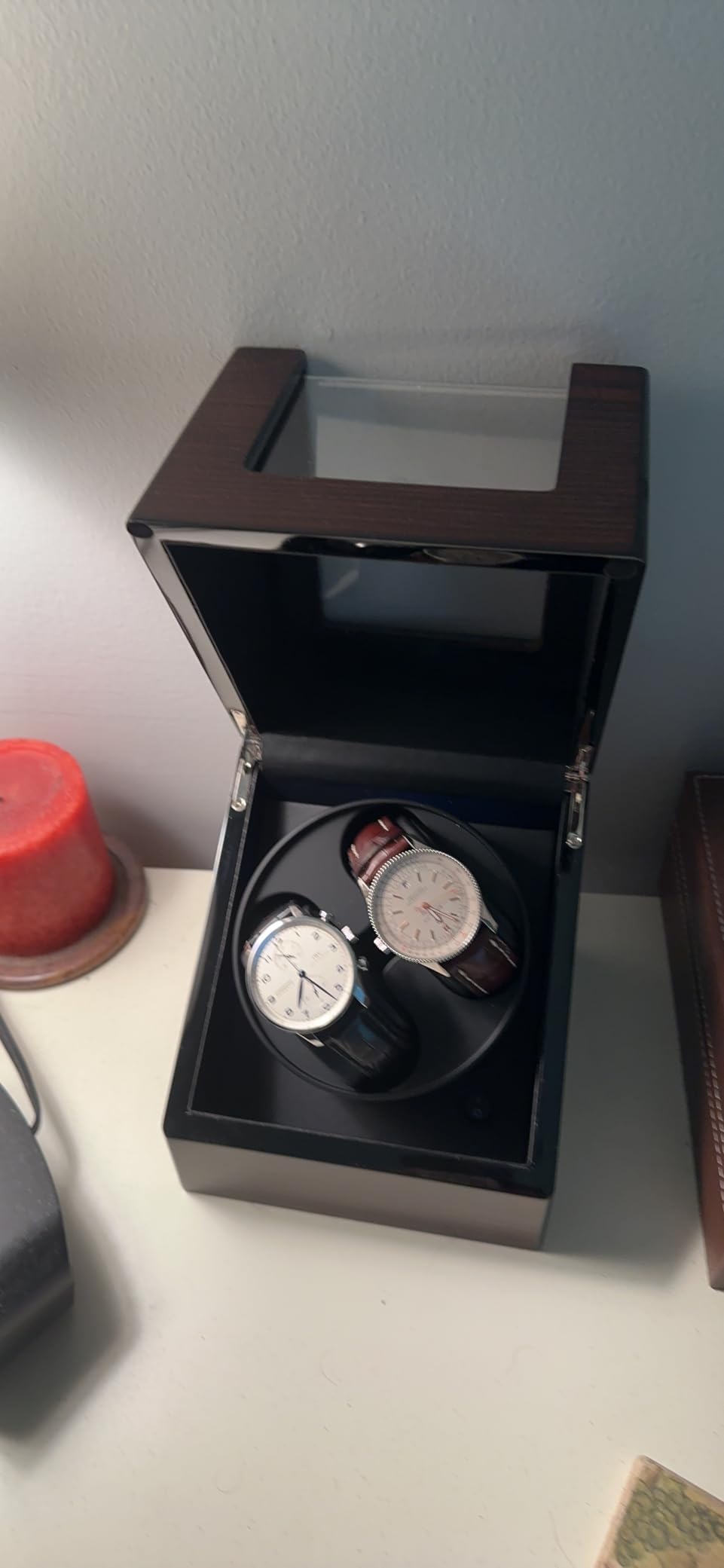 ANWBROAD Watch Winder for Automatic Watches Double Automatic Watch Winder | Super Quiet Motor, Flexible Watch Pillows LED Backlight Wooden Watch Winder Box, 4 Modes Battery or Type-C Adapter UJWW001Y customer photo 1