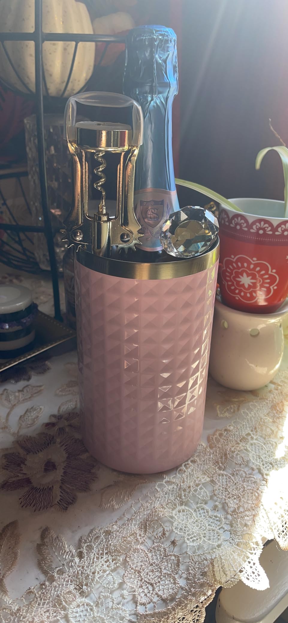 Paris Hilton Wine Bottle Chiller Set, Insulated Double Wall Chiller, Gold Winged Corkscrew Wine Bottle Opener, Diamond Wine Stopper, 3-Piece Set, Pink customer photo 2
