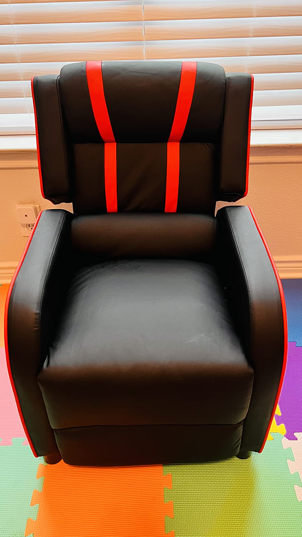 Costzon Kids Recliner, Gaming Recliner Chair w/Side Pockets, Footrest, Headrest & Lumbar Support for Kids Room & Play Room, Adjustable Racing Style Leather Sofa for Children Boys Girls (Red, Black) customer photo 2