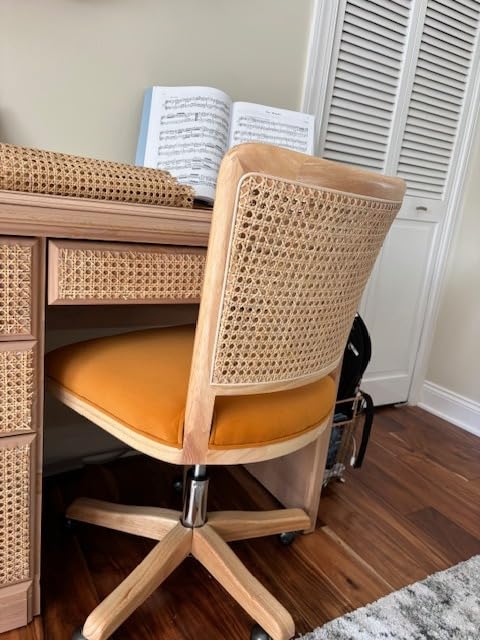HULALA Home Home Office Chair, Rattan Desk Chair with Wicker Back, Beige | Upholstered Swivel Rolling Computer Chair with Adjustable Height, Modern Armless Task Chair with Wheels customer photo 1