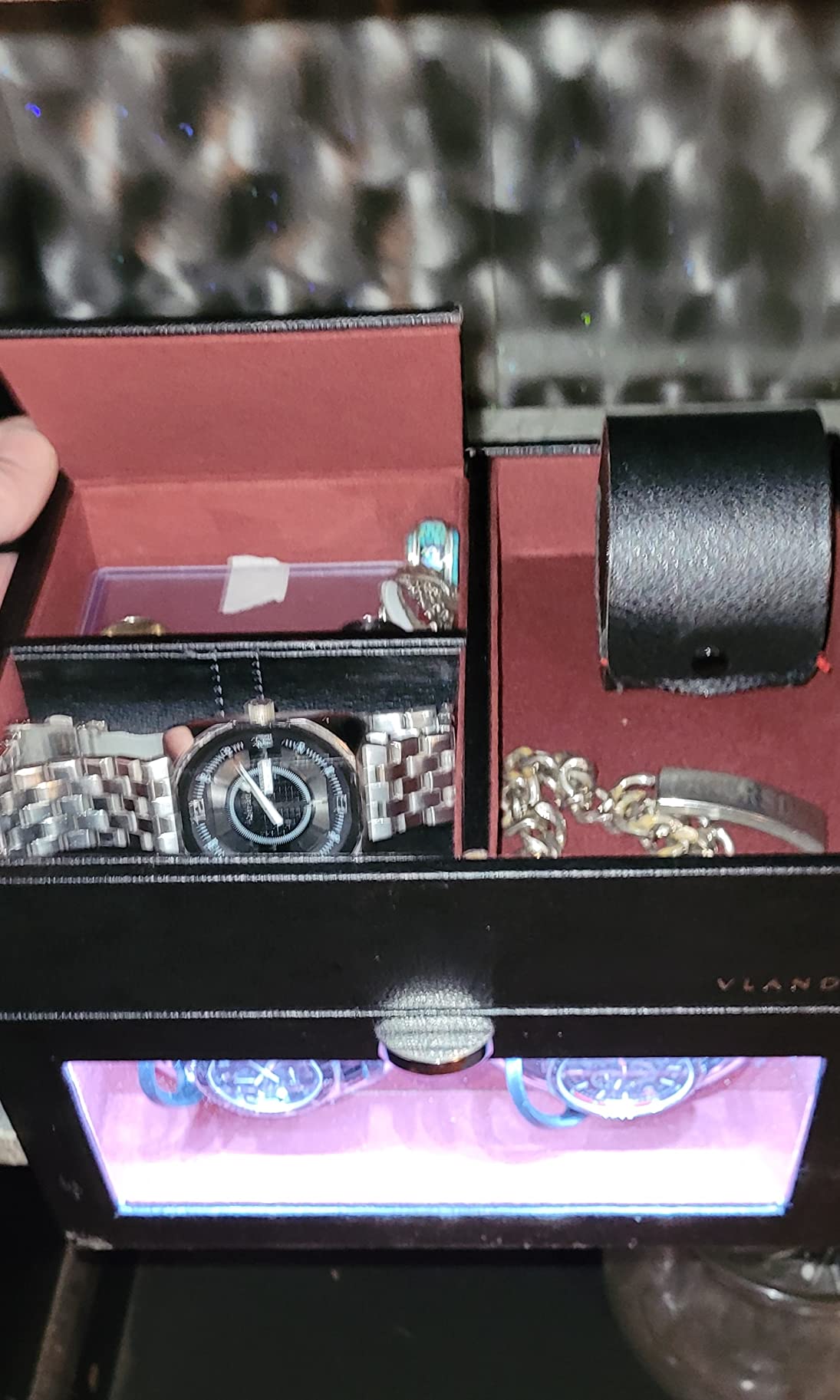 VLANDO Automatic Double Watch Winder for Men - Watch Winder Box with Jewelry Organizer Tray for Father Husband Dad, Japanese Quiet Motor, LED Light, Adjustable Watch Pillows - Black customer photo 1