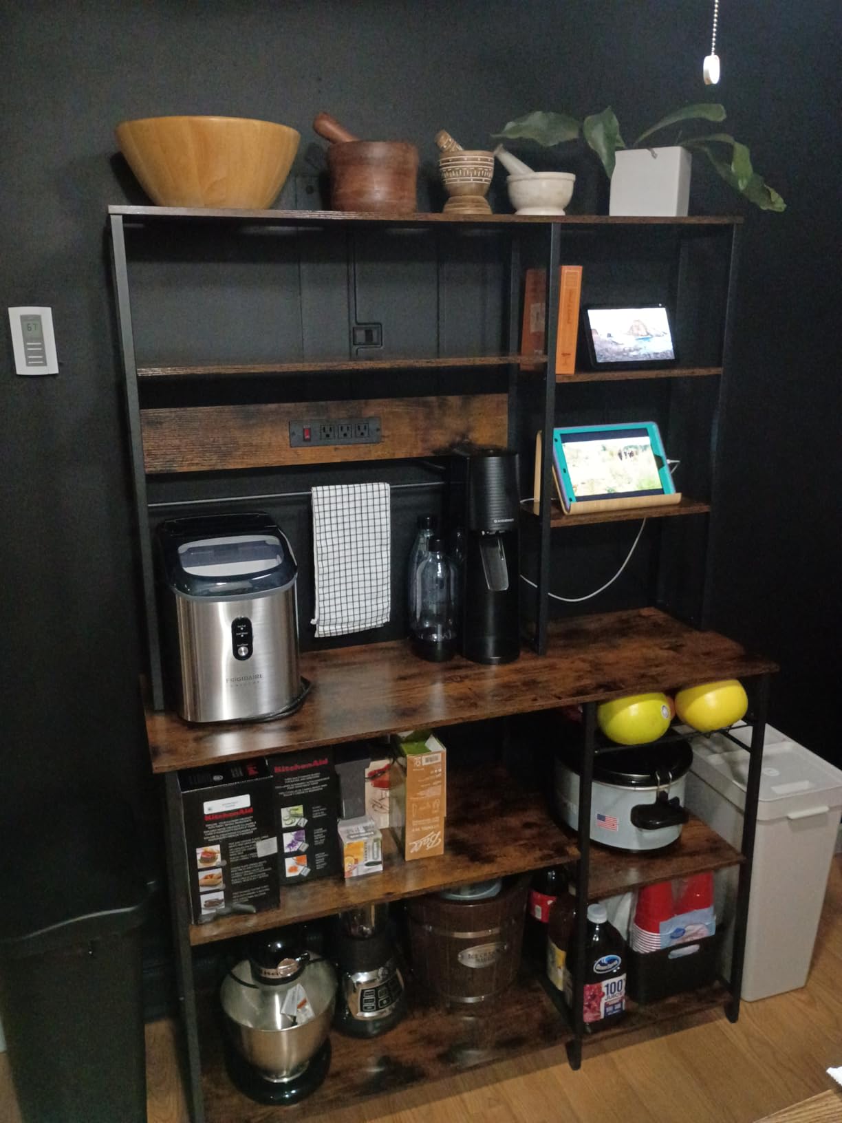 SUPERJARE Large Bakers Rack with Power Outlets, 39.6 Inches Microwave Stand | Coffee Bar with 6-Tier Storage, 12 S-Shaped Hooks, Kitchen Shelf with Wire Basket, Rustic Brown customer photo 2