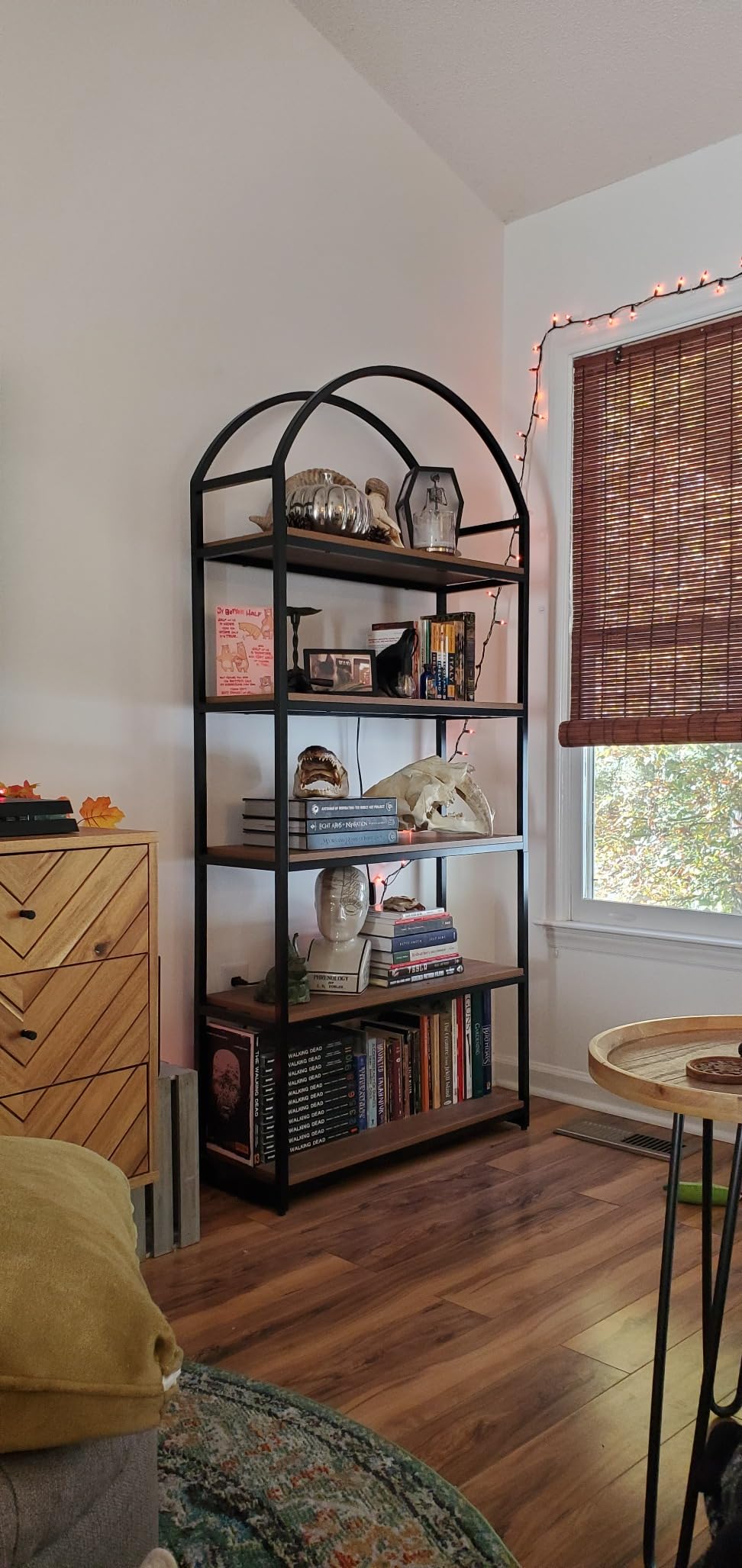 Nathan James Haven Etagere Bookshelf, 5-Shelf Bookcase in Oak Wood and Black Metal Frame with Arch Top and Open Shelves, Oak/Black customer photo 2