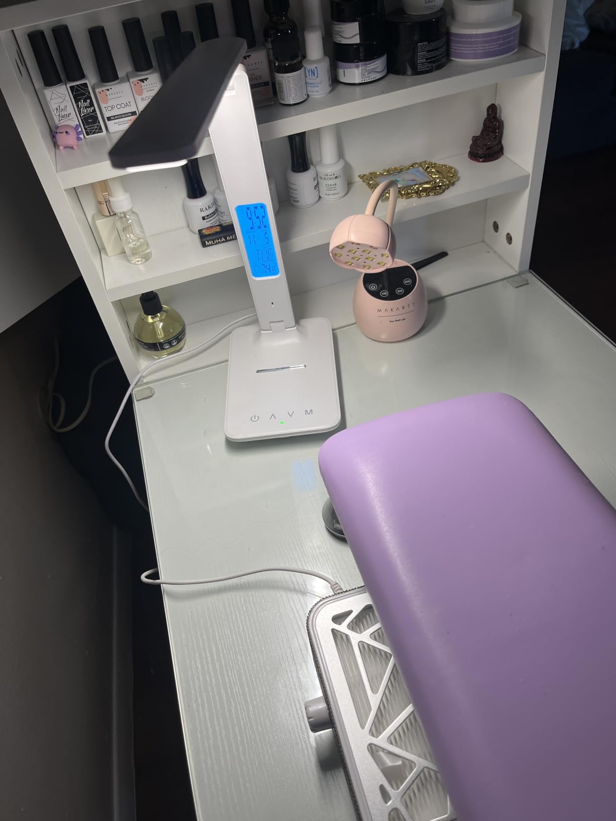 OmySalon Manicure Table Nail Desk for Nail Tech w/Glass Top & Wrist Rest, Beauty Salon Nail Supplies Decor Workstation Acetone Resistant w/3 Side Cabinet+3 Drawers+3 Layers Open Cabinet+1 Open Drawer customer photo 2
