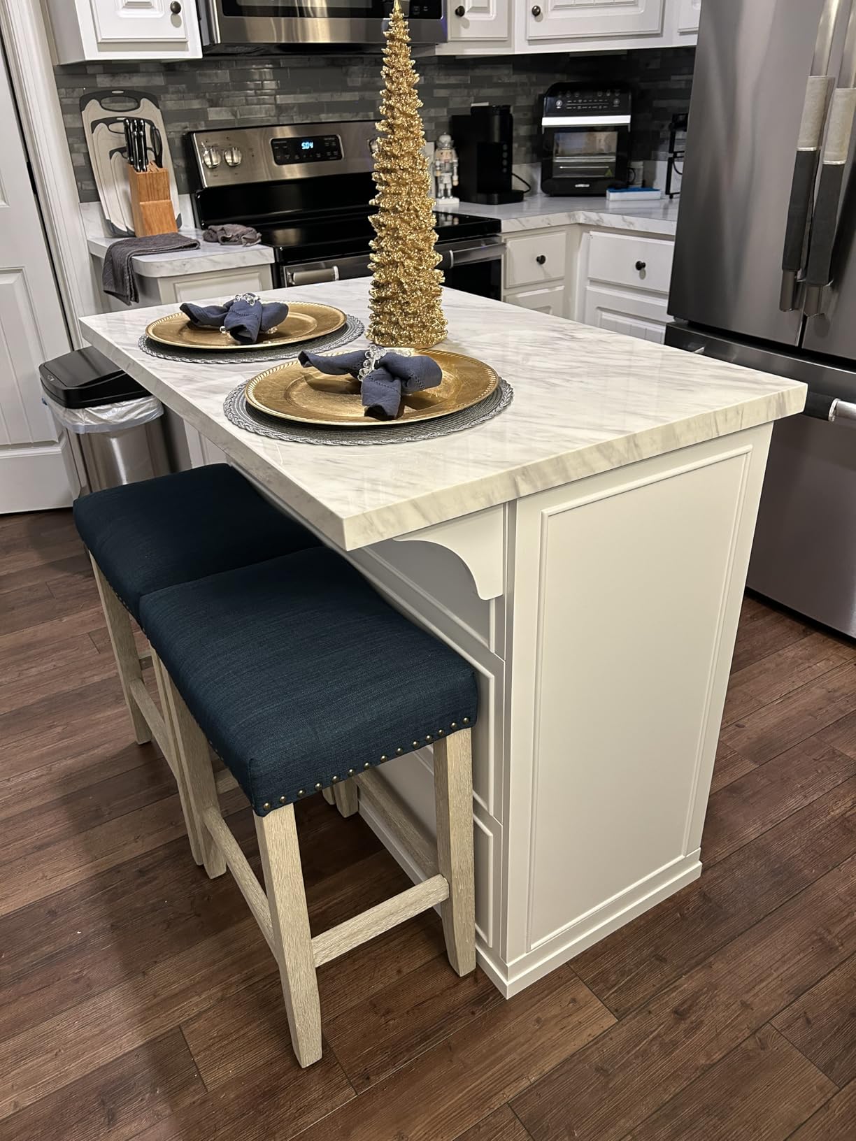 Cutler Kitchen Island, Faux Marble Top | Storage, Breakfast Bar, Microwave Stand, White customer photo 1