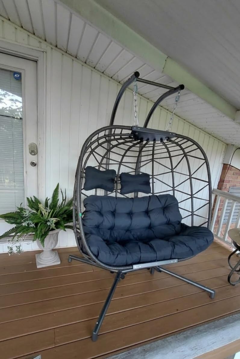 NICESOUL Double Egg Swing Chair with Stand, Oversized 2-Person Indoor Outdoor Hanging Hammock Chairs with Cushion, Wide and Large Comfy Loveseat, Sturdy Porch Swings for Outside, Dark Gray customer photo 2