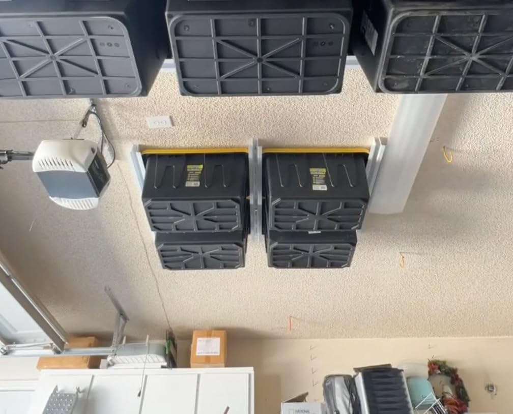 E-Z Garage Storage Overhead Bin Storage Rack Organization System - Store 4 Bins on Garage Ceiling/Adjustable to Fit Any Size Tub - Made In USA customer photo 1