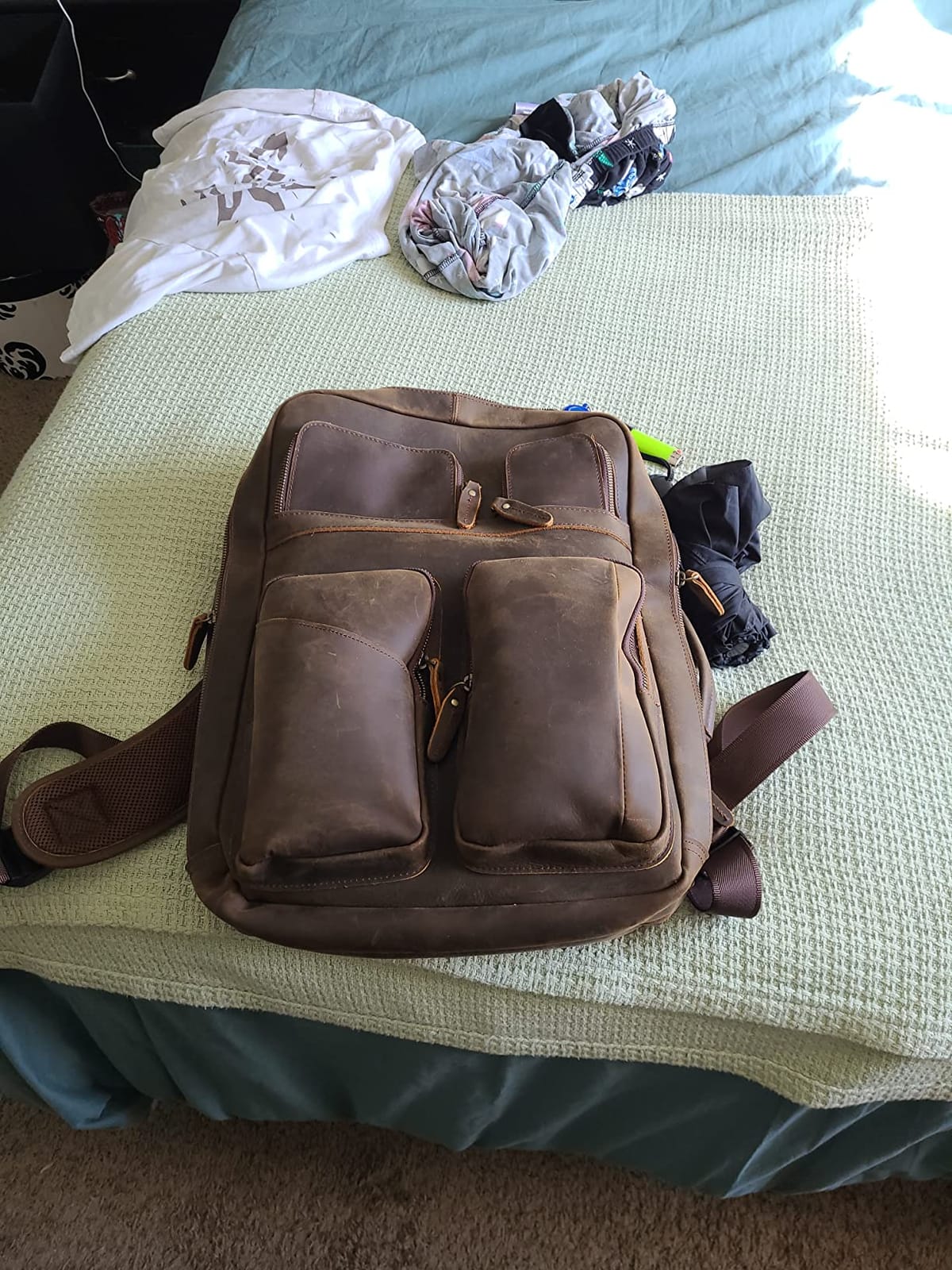 TIDING Brown Full Grain Leather 17.3 Inch Laptop Travel Backpack for Men | Padded Laptop & Tablet Sleeves, Luggage Strap, Anti-theft, Multi Pockets Casual Outdoor Weekender Rucksack customer photo 2