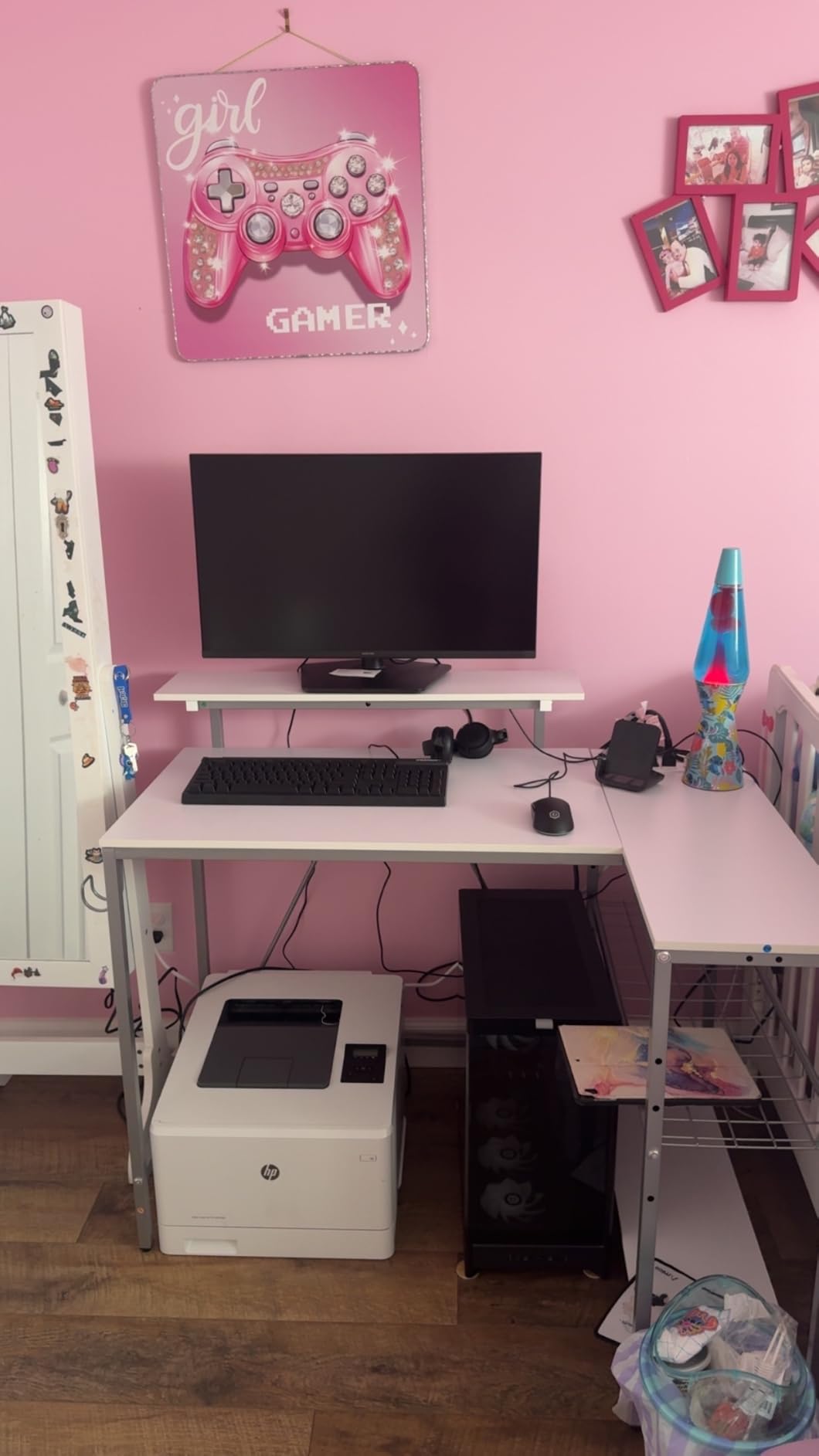 Bestier 58-Inch L-Shaped Gaming Desk with Charging & LED, Black | Charging 3AC+2USB, RGB LED Strip, Reversible Shelves, Monitor Stand, Headphone Hook, Metal Mesh Shelf customer photo 2