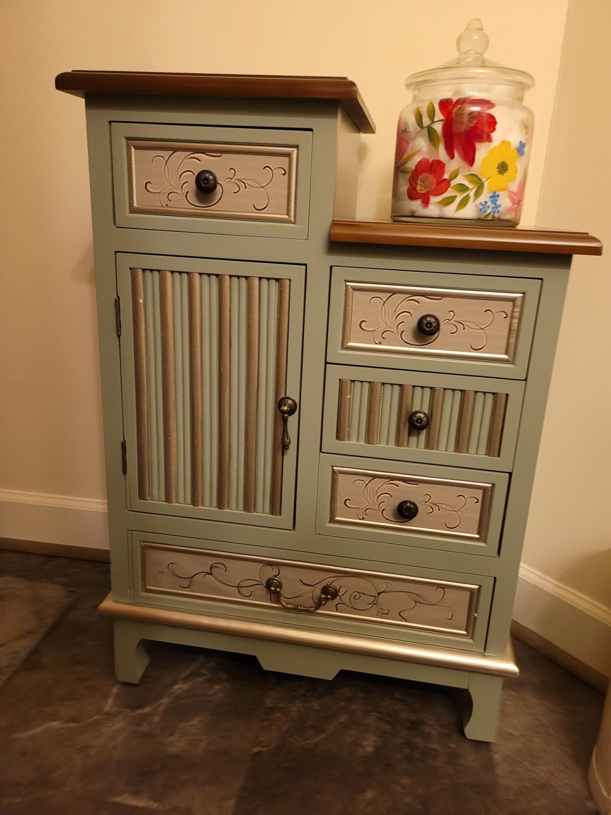Ahokua Farmhouse Accent Chest with Carved Door and 5-Drawers, Vintage Storage Cabinet Modern Dresser for Living Room, Entryway, Hallway, Multi-Drawer Organizer, Natural and Deep Blue customer photo 1