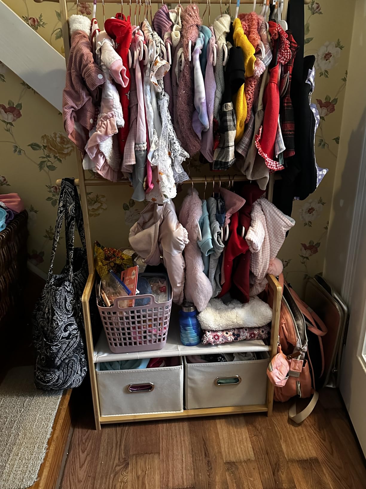 Bamboo Kids Clothing Rack: Holds Up To 121 Lbs of Dress-Up Clothes | 2 Adjustable Hanging Rods & 2 Storage Baskets With Shelf - Child Garment Holder for Playroom & Toddler Bedroom (Natural) customer photo 2