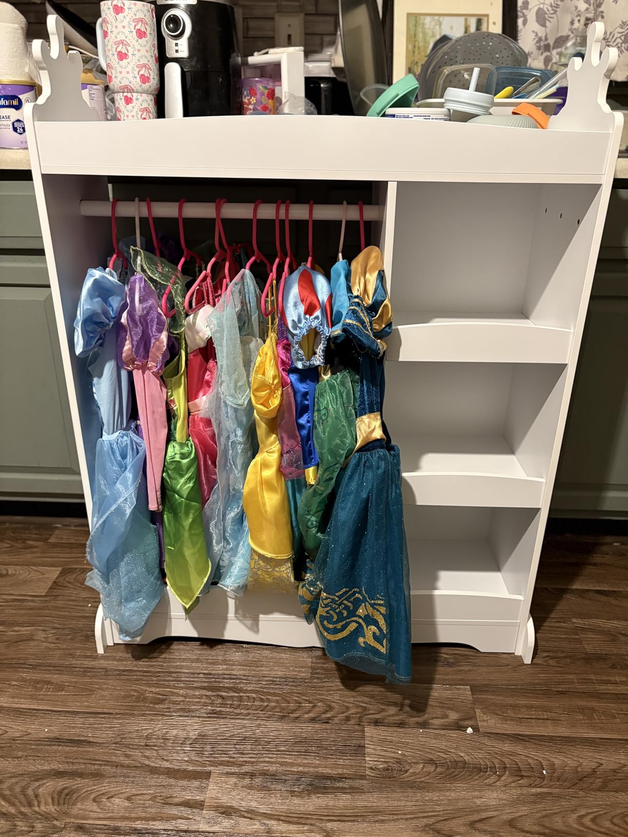 Kids Dress up Storage with Mirror, Kids Wardrobe with 3 Hooks, Kids Closet for Girls Boys, Open Hanging Armoire Costume Organizer for Bedroom, Preschool, Classroom, White customer photo 2